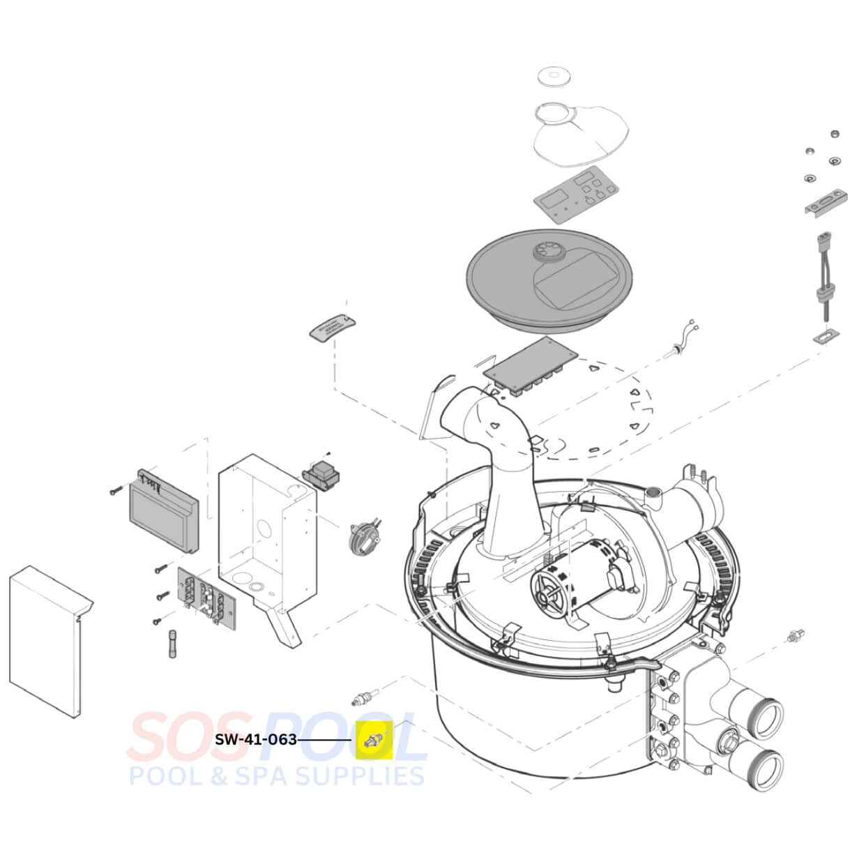 Diagram of Swimables Hi Limit Switch SW-41-063 for Pentair heaters showing components and assembly details. SOS Pool.