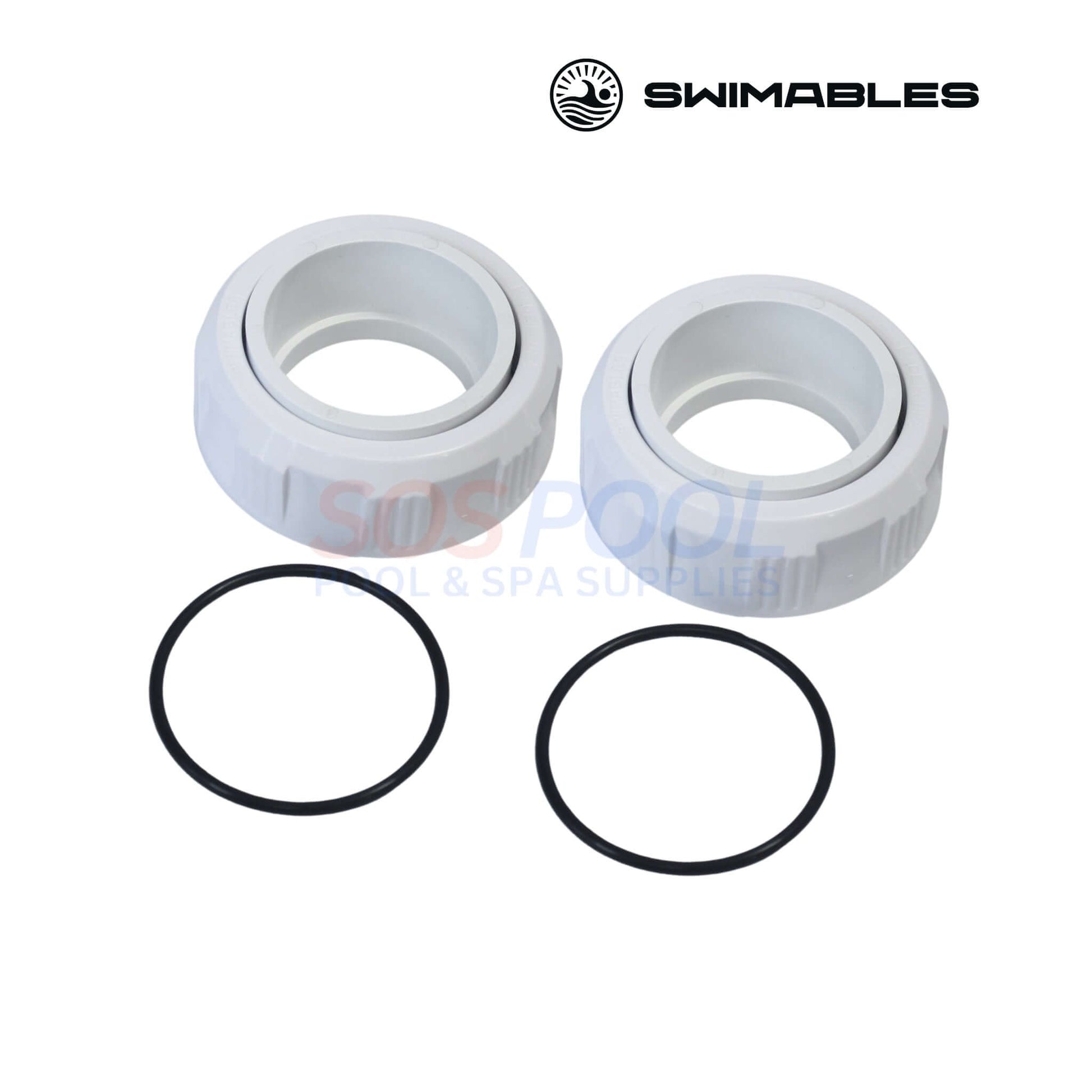 Swimables Pentair Heater 2" Half Union Adapter Kit | PKG188Z | SW-41-188, two white adapters with O-rings for pool supply use.