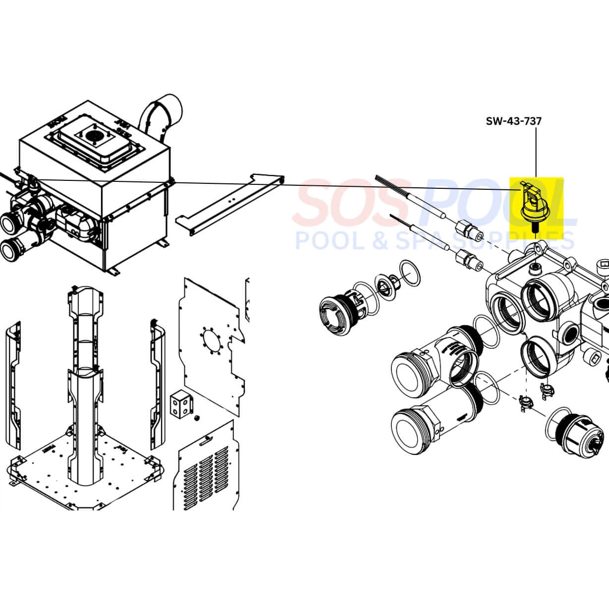 Diagram showing Swimables Pressure Switch SW-43-737 for Raypak Low Nox Heaters, ensuring safe operation for SOS Pool.