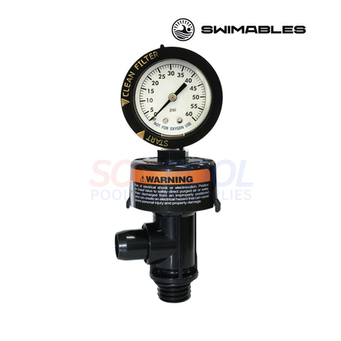 Swimables Air Relief Valve with Pressure Gauge for Pentair Filters, part SW-26-900, enhances pool filtration performance.