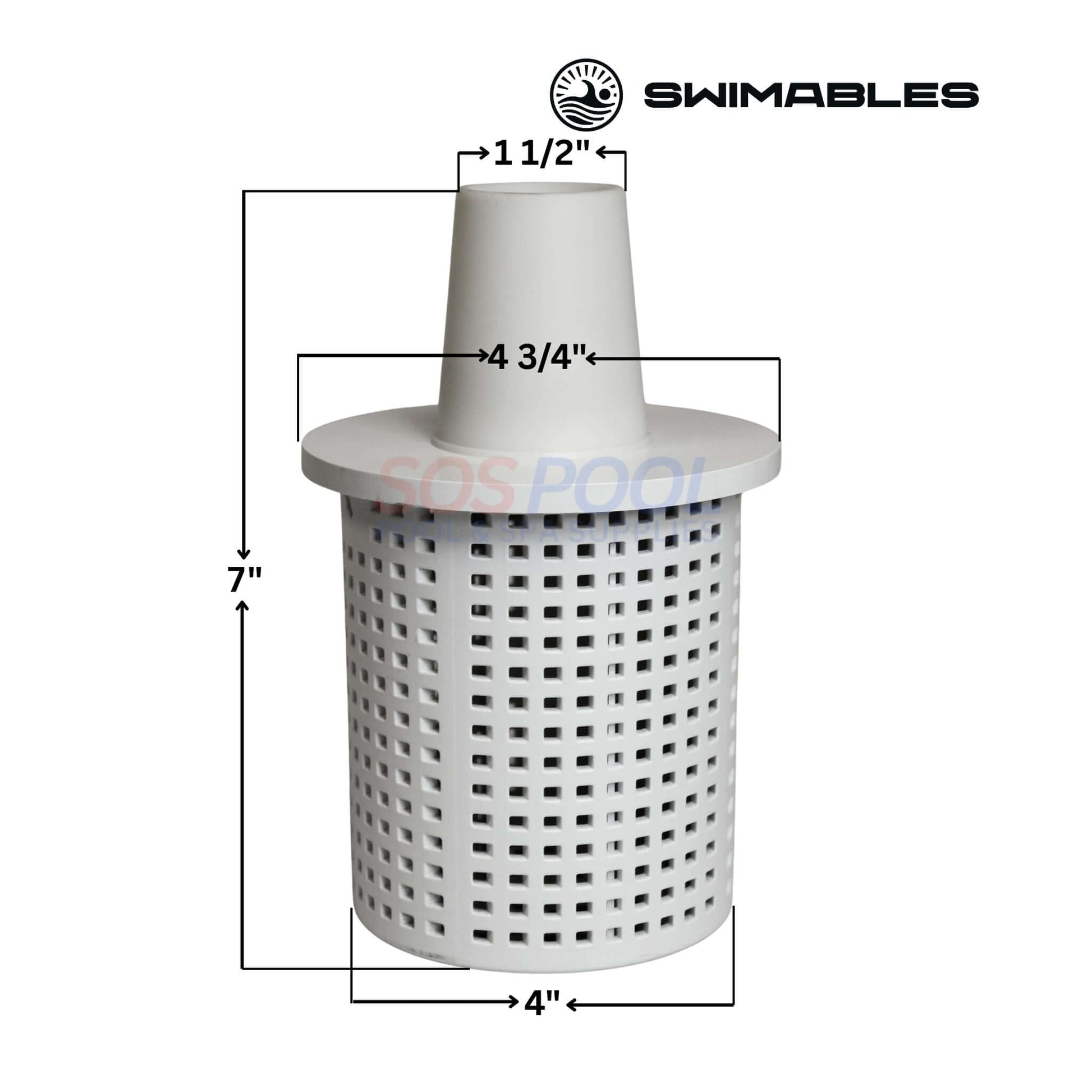 Swimables Inverted Skimmer Basket | SW-91-099 shown from front, white color, dimensions labeled, ideal for inground pool skimmer systems, SOS Pool.