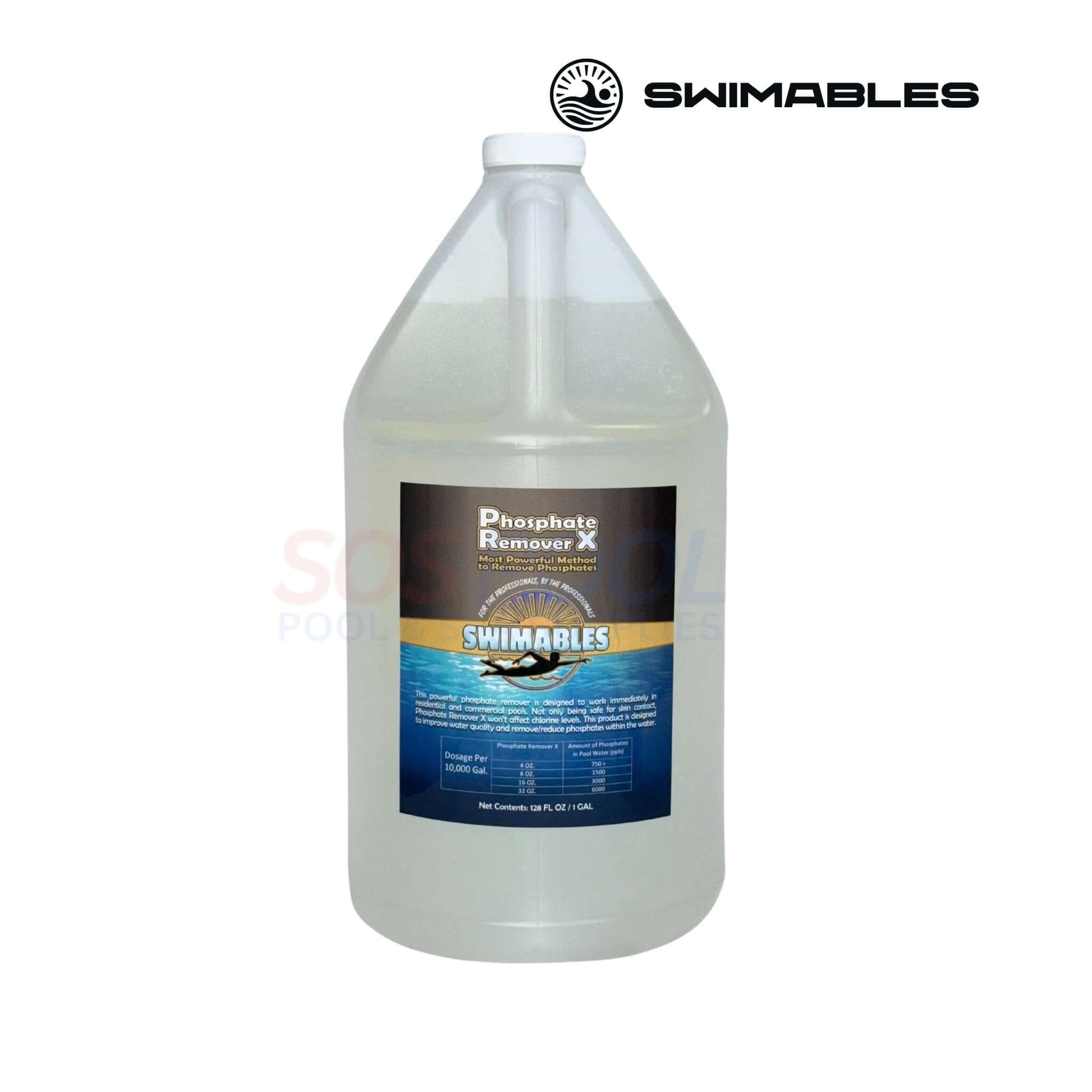Swimables Phosphate Remover X Concentrate 1 Gallon SW-52-128 to reduce phosphates in pools and spas, SOS Pool.