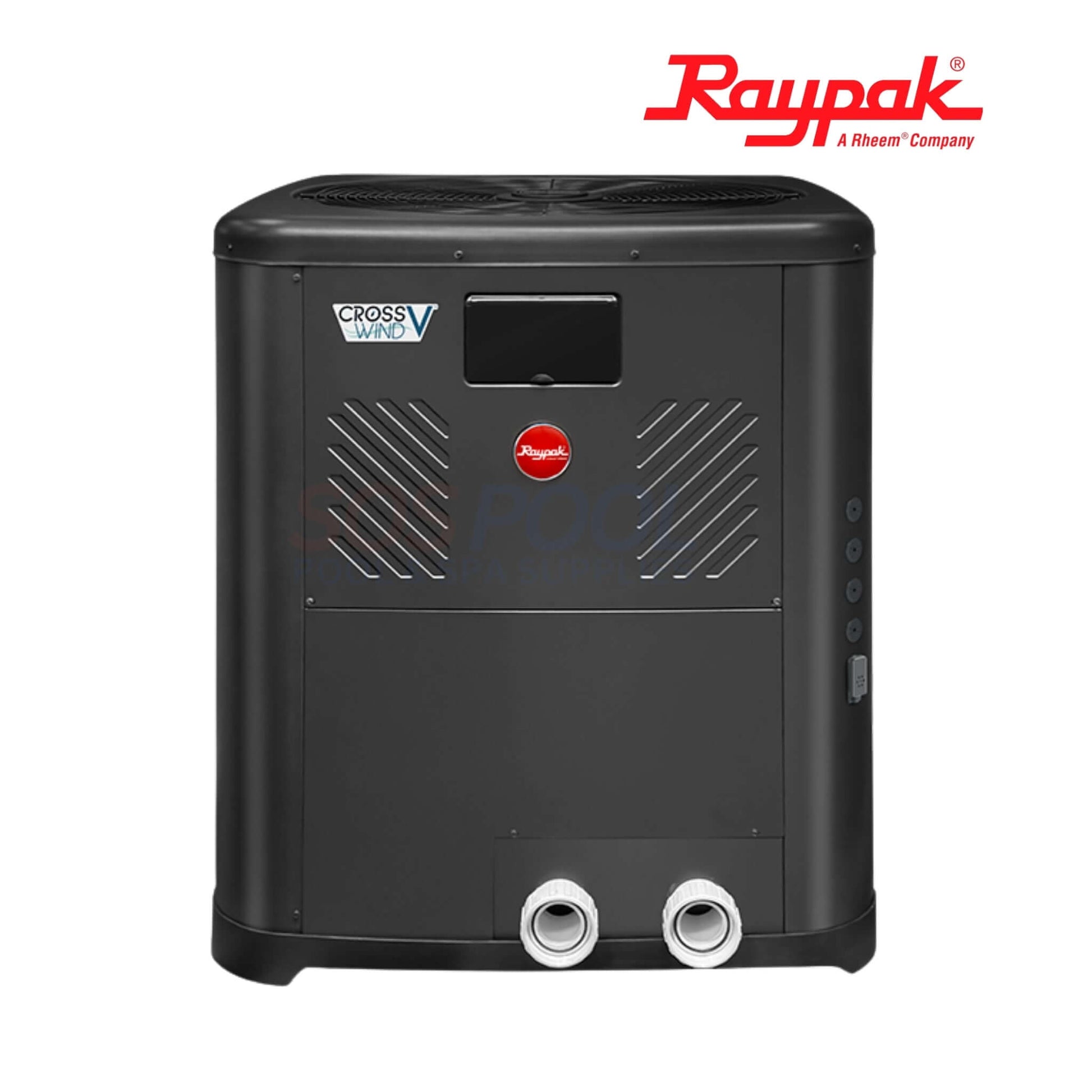 Raypak Crosswind V Deluxe 138K BTU Heat & Cool Pump TWPH-8550EHC08, compact design in black for pool heating and cooling.