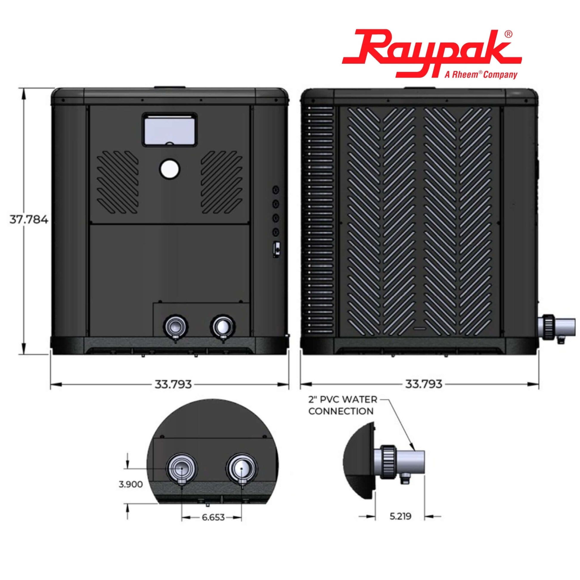 Raypak Crosswind V Deluxe TWPH-8550EHC08 heat pump dimensions, featuring dual PVC water connections, sleek design, and logo.