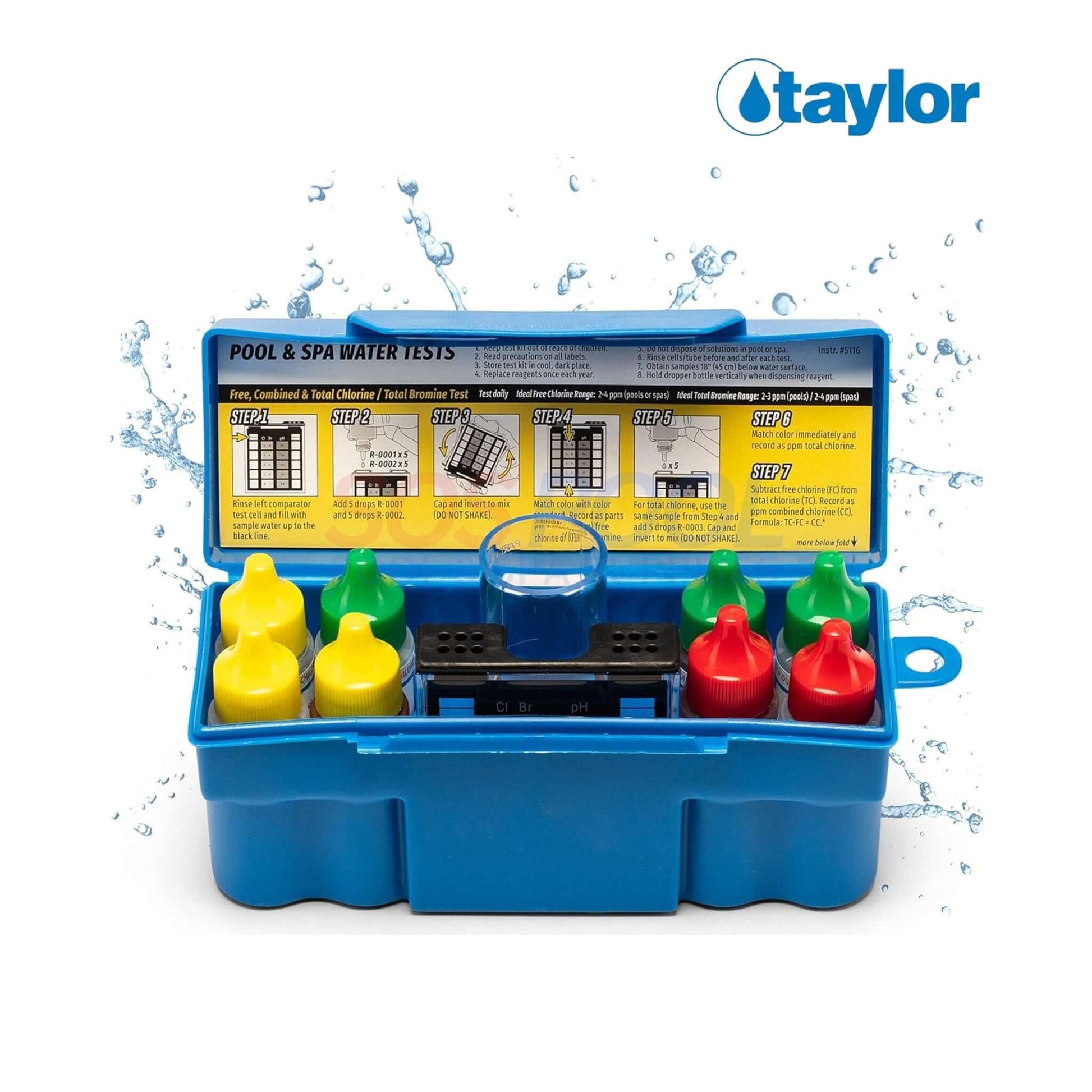 Taylor 6 in 1 Residential Troubleshooter DPD Test Kit | K-1004 in blue case, pool water testing supplies with vibrant color-coded reagents.