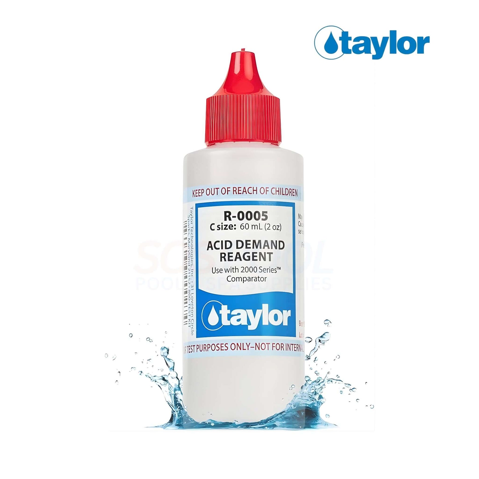 Taylor Acid Demand Reagent | 2 oz. | R-0005-C bottle with red cap, for accurate pool water testing, shown with splash effect.