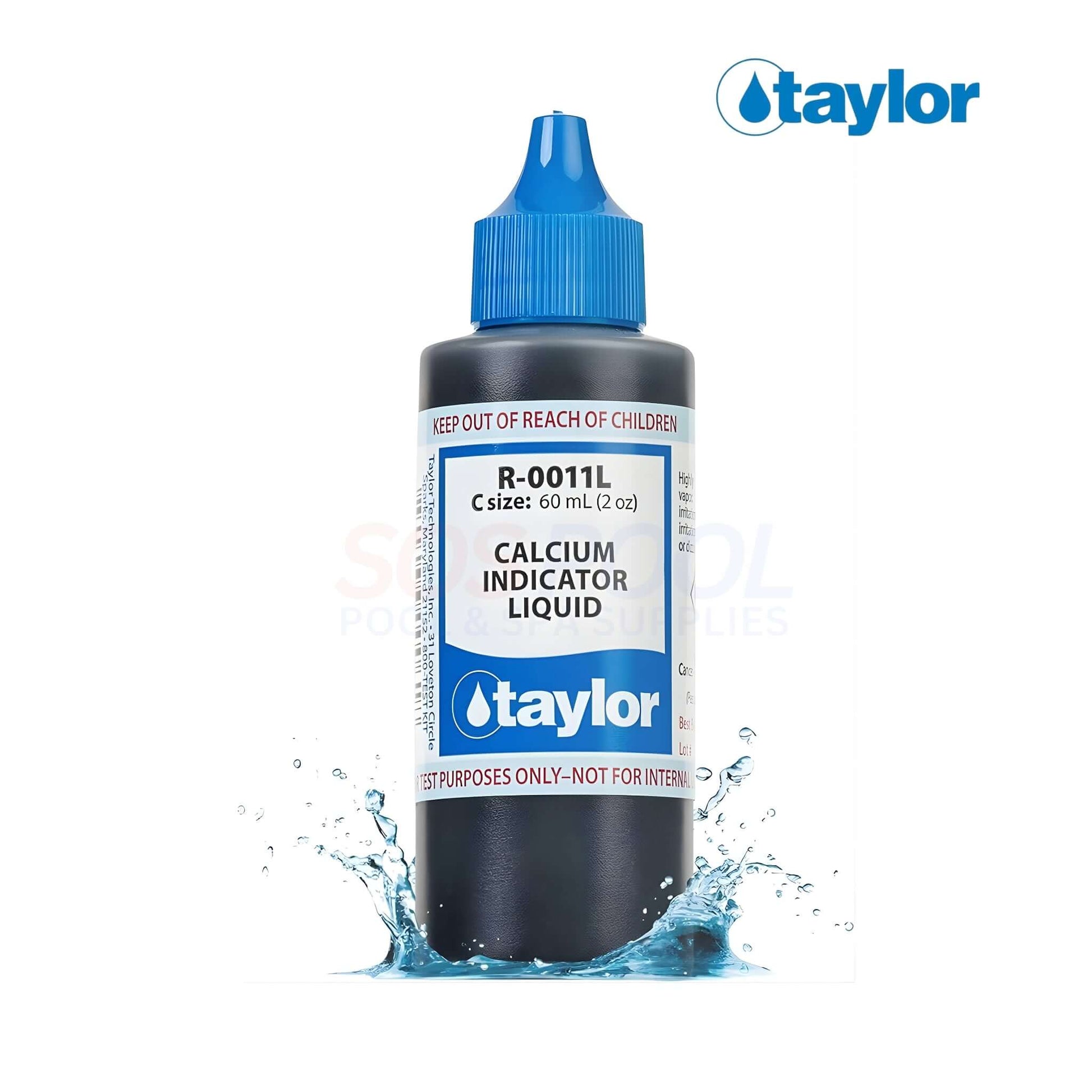 Taylor Calcium Indicator Liquid | 2 oz. | R-0011L-C bottle with blue cap, splash effect, used for pool hardness testing in SOS Pool supplies.