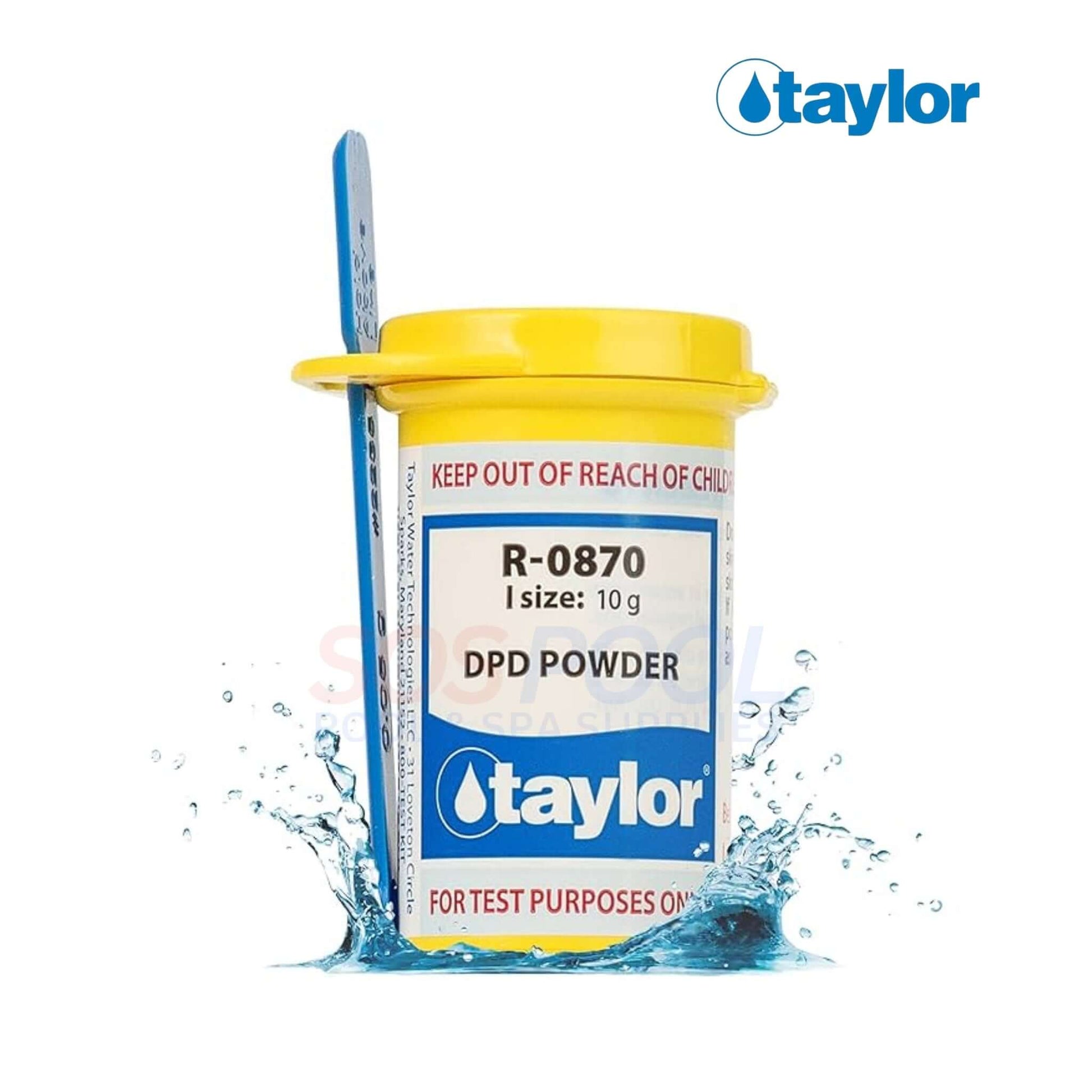 Taylor DPD Powder | 10g | R-0870 can with blue scoop, surrounded by splashes of water for pool supplies.