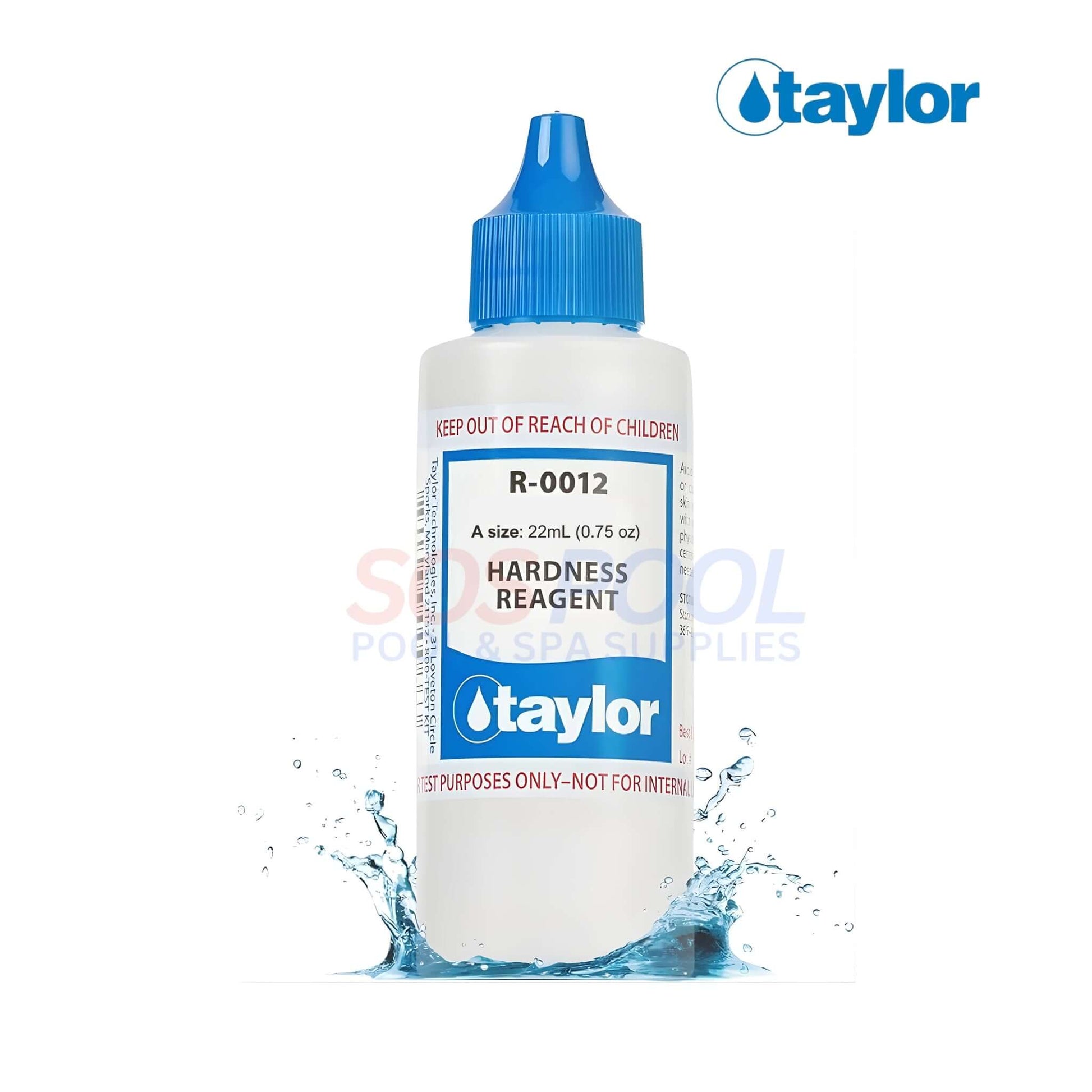 Taylor Hardness Reagent | 0.75 oz. | R-0012-A bottle against a splash background, used for pool water calcium hardness testing.