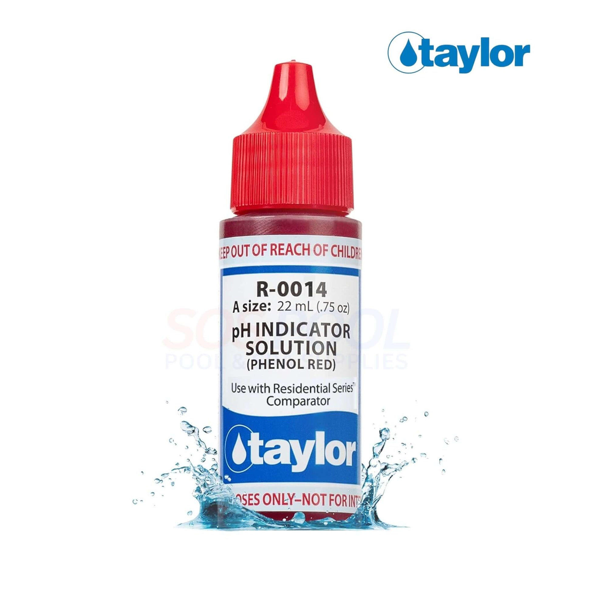 Taylor PH Indicator Solution | Phenol Red | 0.75 oz. | R-0014-A bottle against a splash background, showing vibrant red color for pool testing.