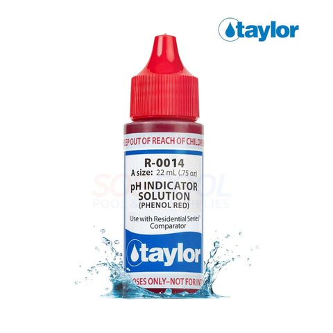 Taylor PH Indicator Solution | Phenol Red | 0.75 oz. | R-0014-A bottle against a splash background, showing vibrant red color for pool testing.