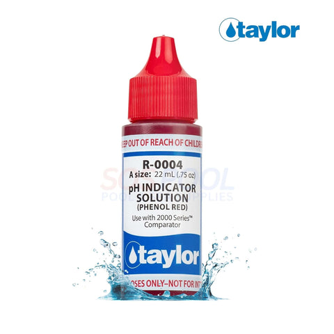 Taylor pH Indicator Solution, 0.75 Oz dropper bottle, phenol red reagent, essential for pool testing. SKU: R-0004-A.