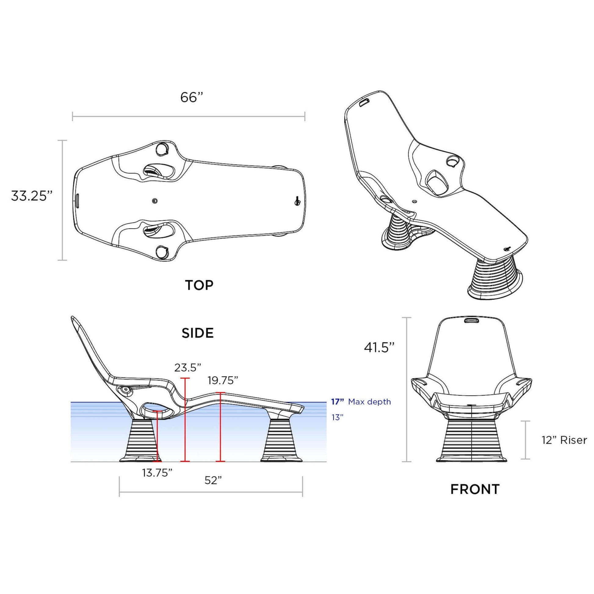 Technical specifications for the TenJam Shayz In-Pool Lounger showing dimensions and design details for ultimate comfort - SKU: SOS Pool
