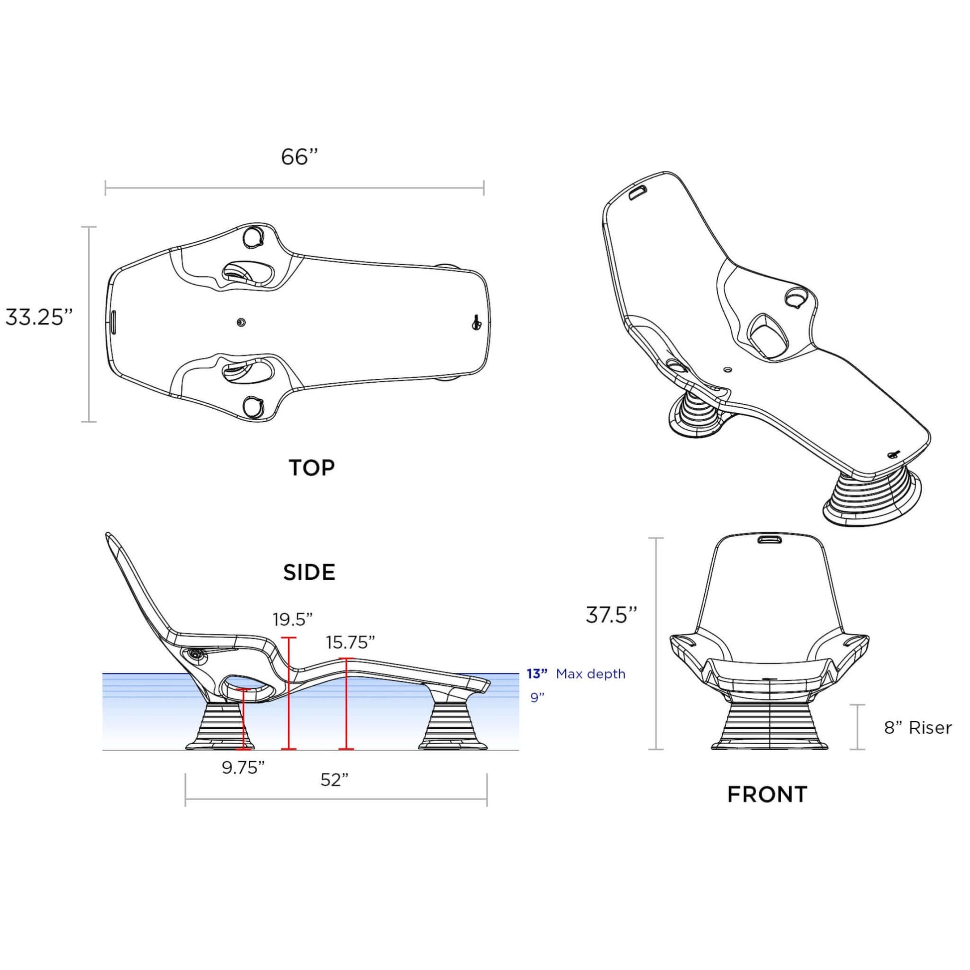 Diagram of TenJam Shayz In-Pool Lounger dimensions: 66" length, 33.25" height, with riser and depth details, SKU: SOS Pool.