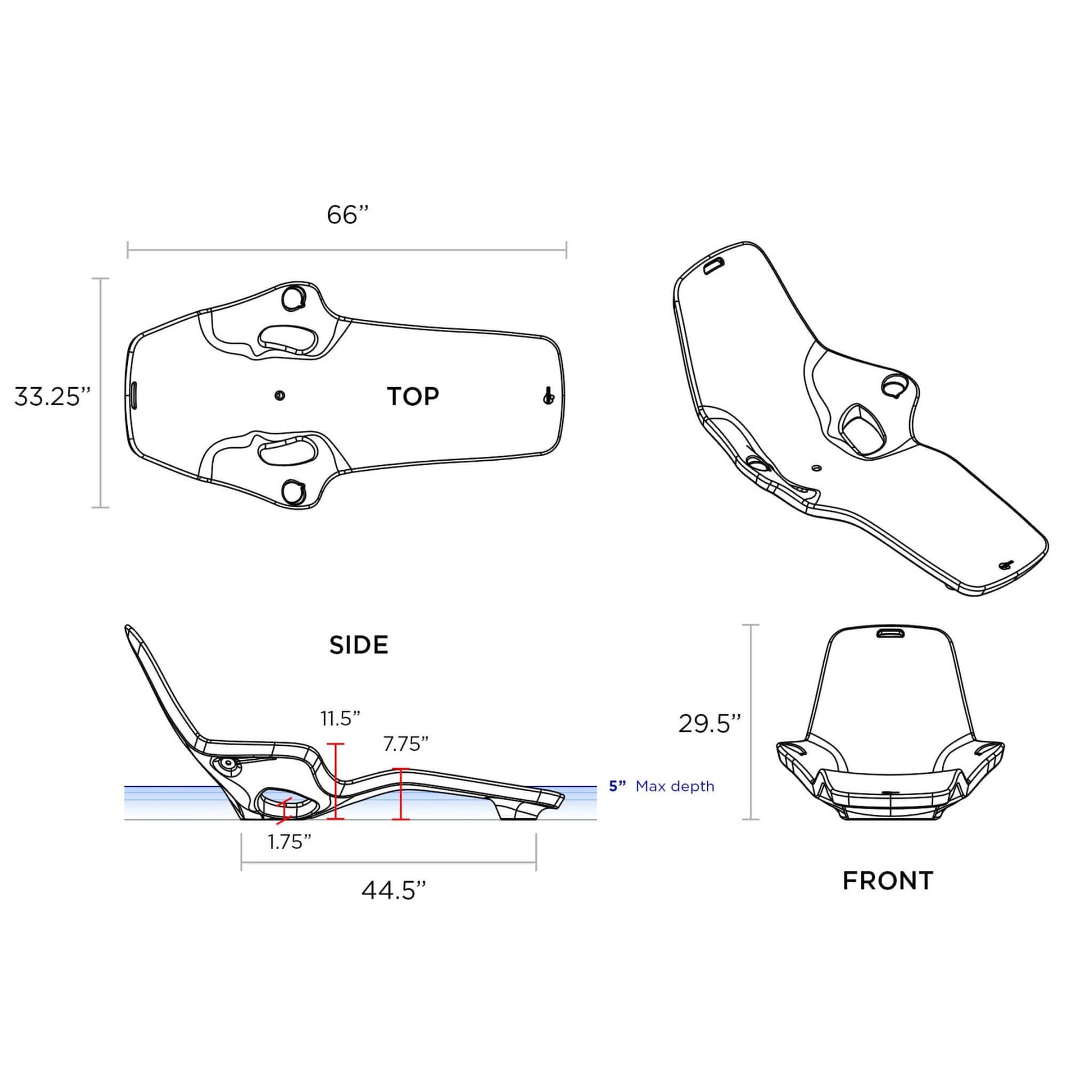 Dimensions and design specifications for TenJam Shayz In-Pool Lounger, SOS Pool, 2 Pack, SKU: Shayz-2P
