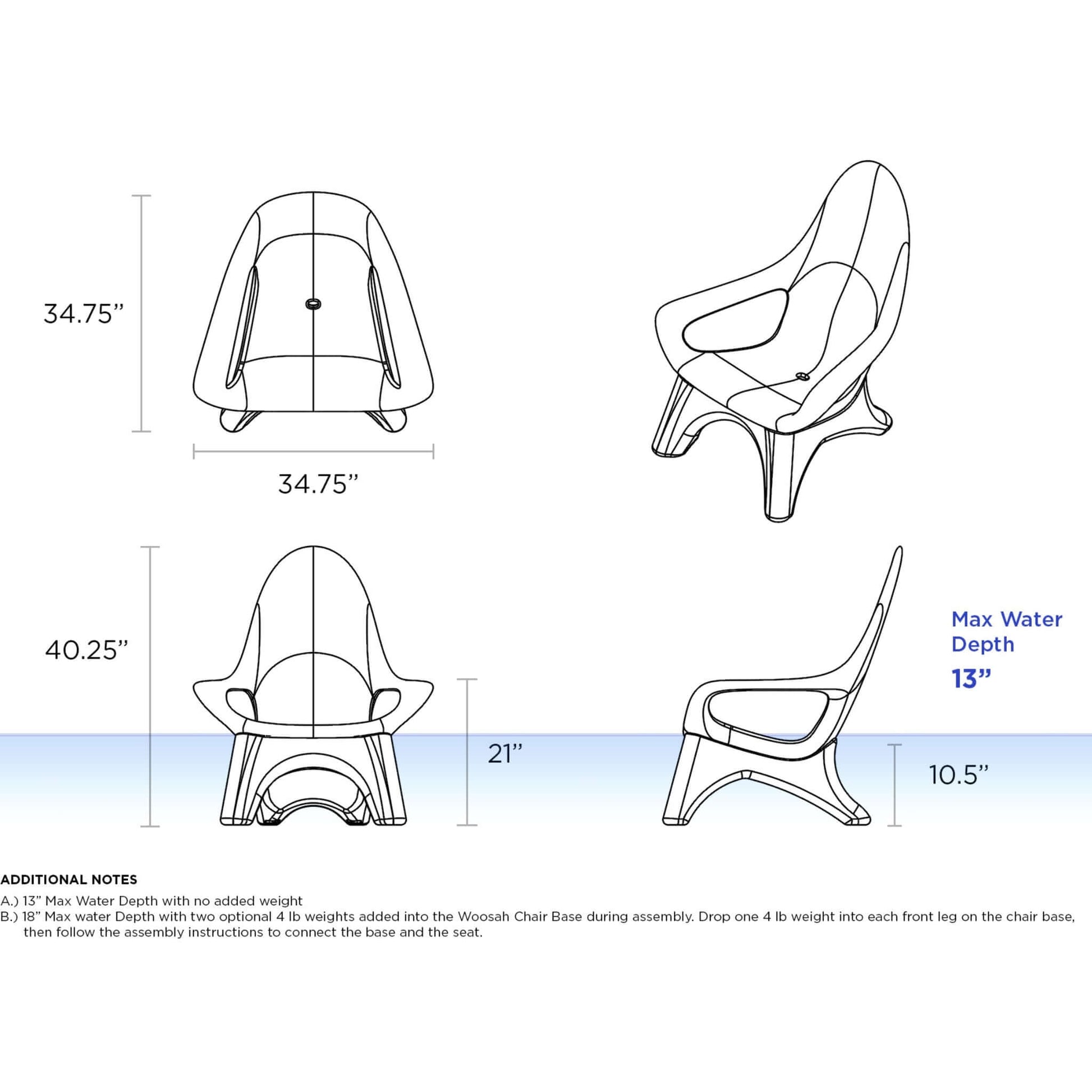 Diagram of TenJam Woosah In-Pool Chair dimensions and water depth requirements for optimal use. SKU: SOS Pool.