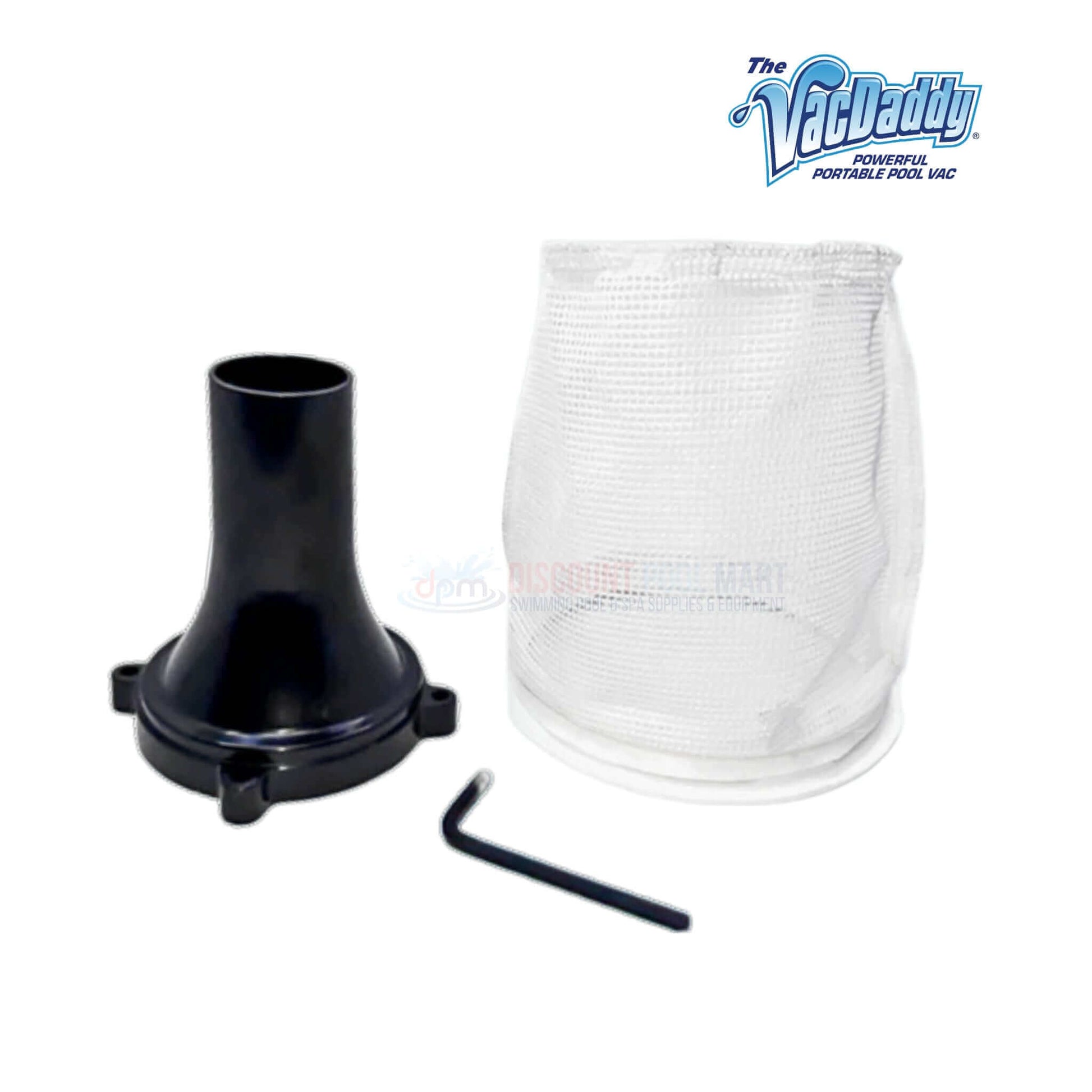 VacDaddy Pool Vacuum Cleaner V2W Kit components including suction nozzle, filter bag, and tools. SKU: VacDaddy Pro Bundle.