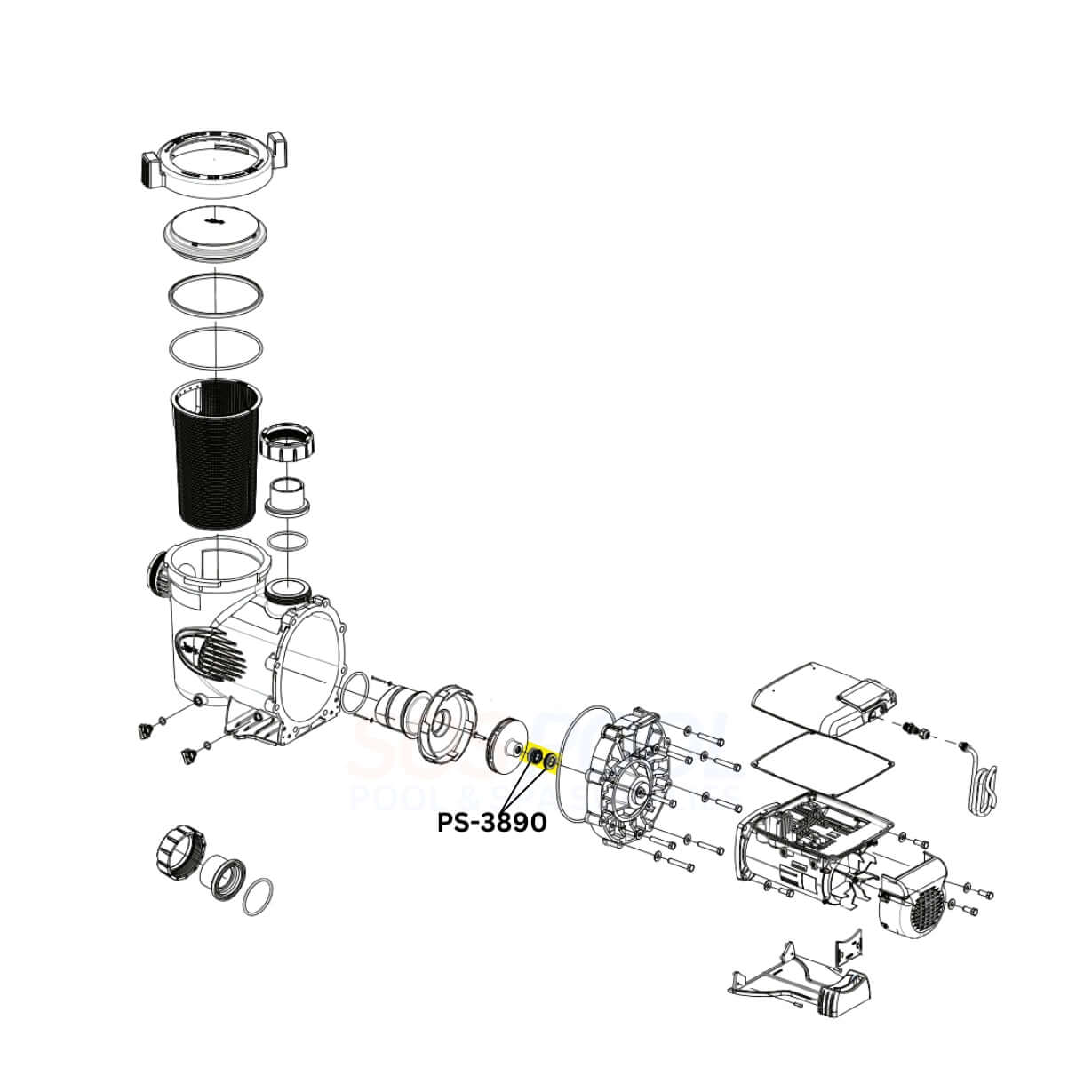 Exploded view of U.S. Seal Premium Mechanical Shaft Seal PS-3890 for Jandy pumps, featuring SOS Pool components.