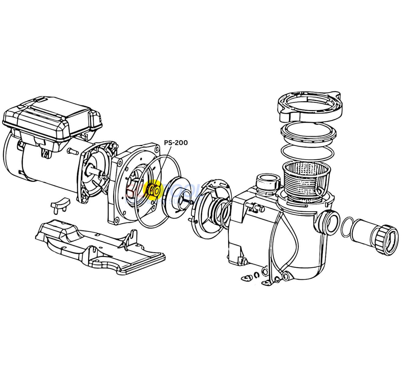 Diagram of US Seal Premium Pump Shaft Seal Assembly PS-200 for SOS Pool applications, showing detailed components.