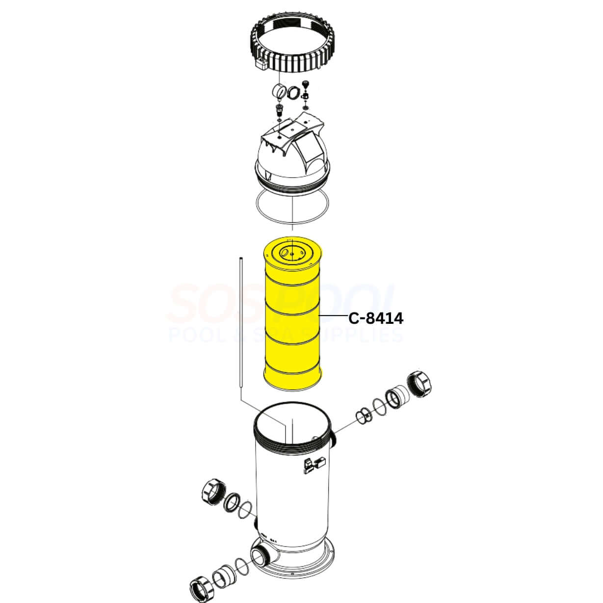Diagram of Unicel Cartridge C-8414 for Jandy CS150 Filters, designed for high-efficiency pool filtration by SOS Pool.