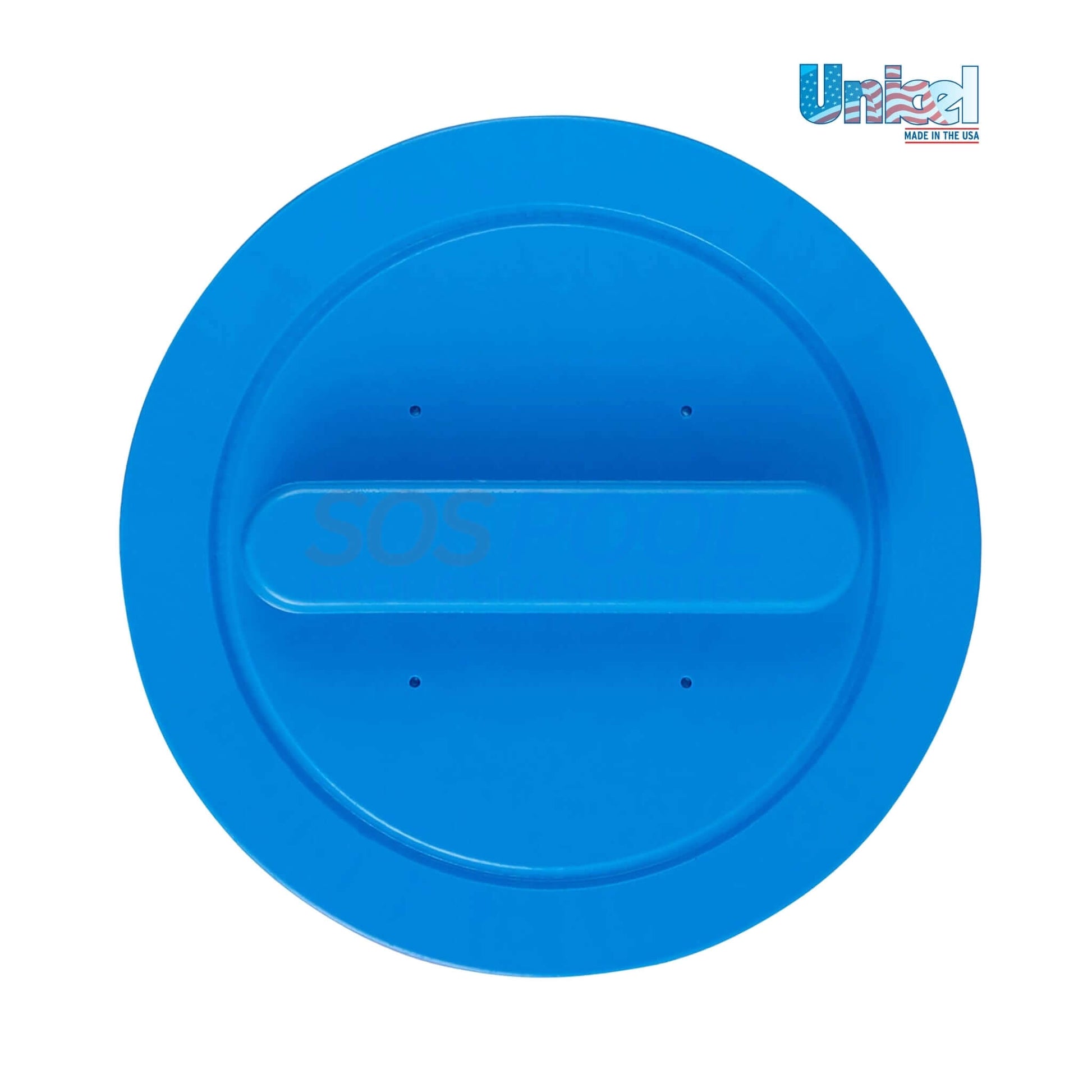 SOS Pool blue skimmer cover, round design, featuring the SOS logo, ideal for swimming pool maintenance and accessories.