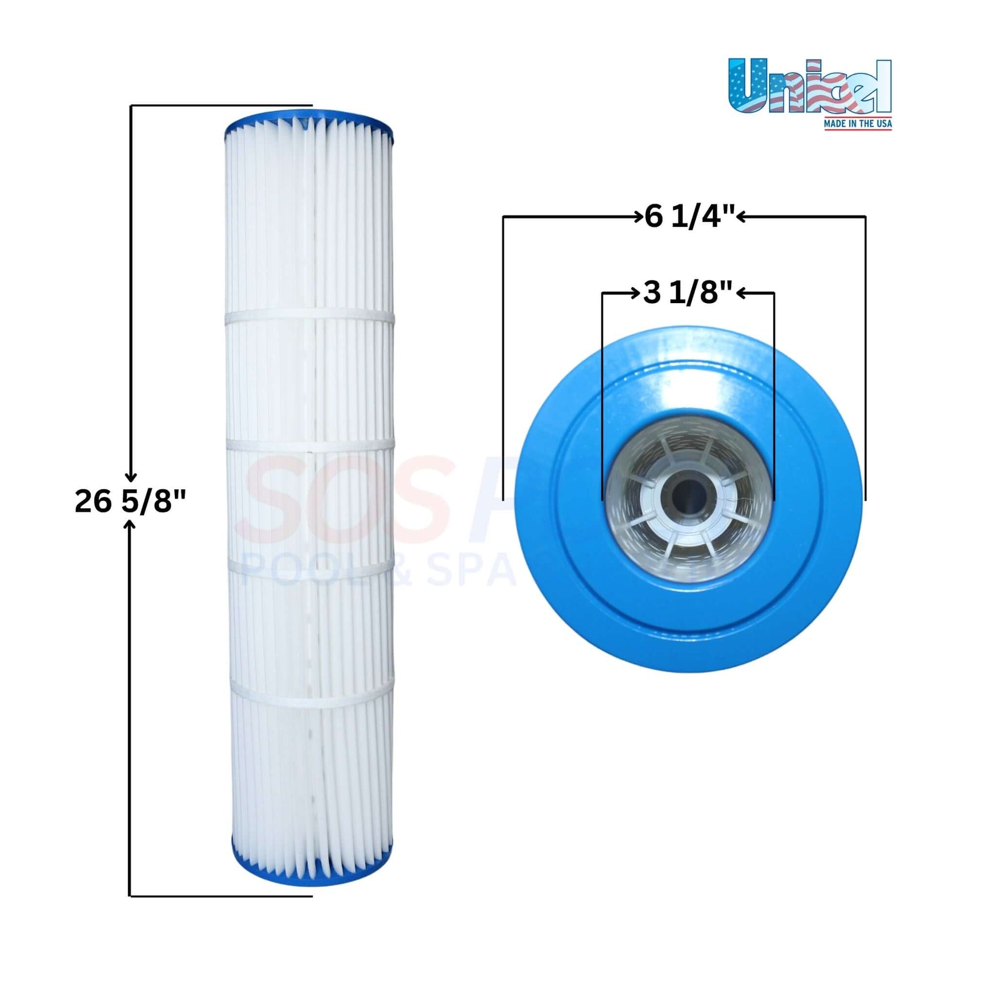 Unicel Cartridge for Pentair Quad DE 80 Filters, 4 Pack, C-6980, 26 5/8" tall, with dimensions marked, SOS Pool.