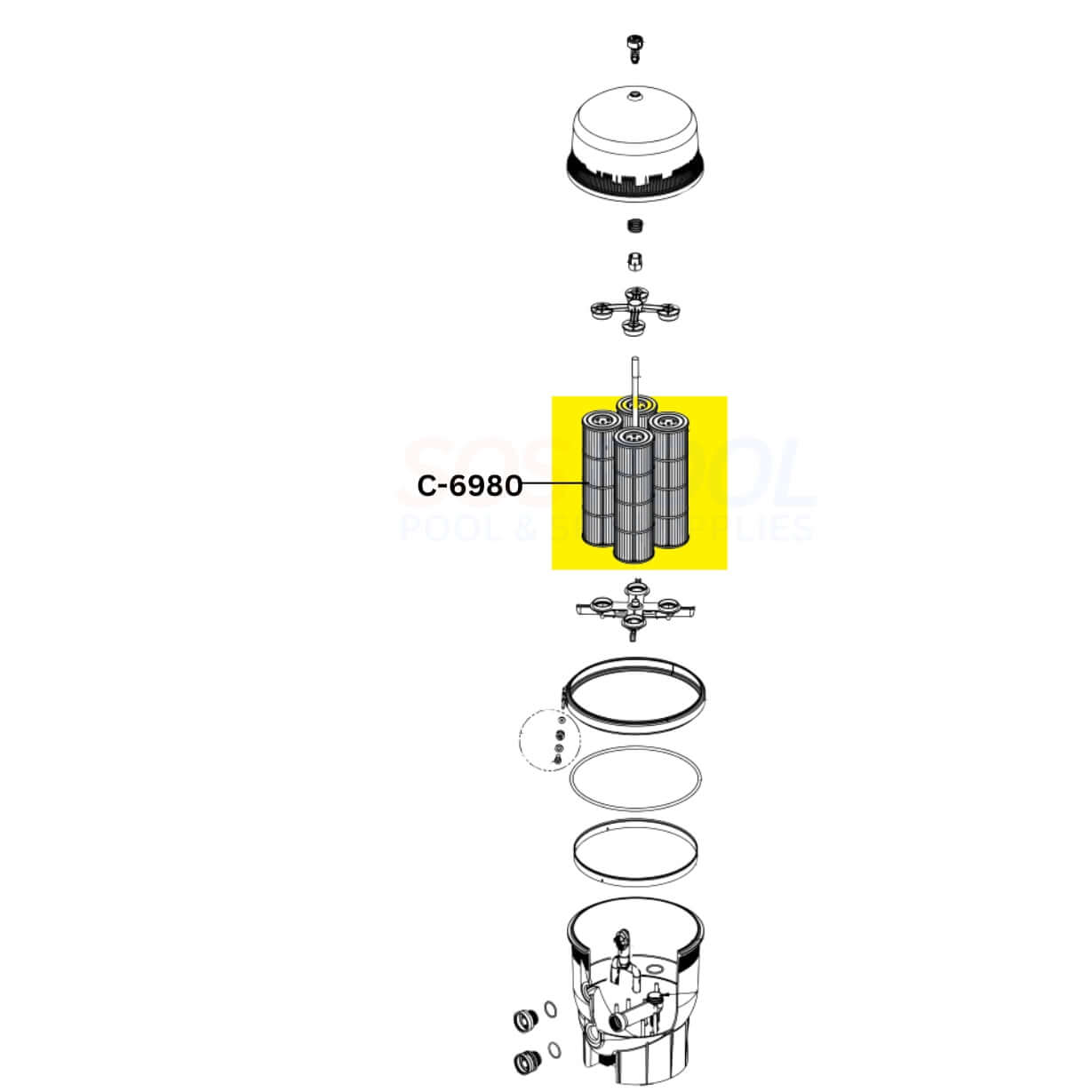Exploded view of Unicel C-6980 cartridge for Pentair Quad DE 80 filters, showing assembly components and parts.
