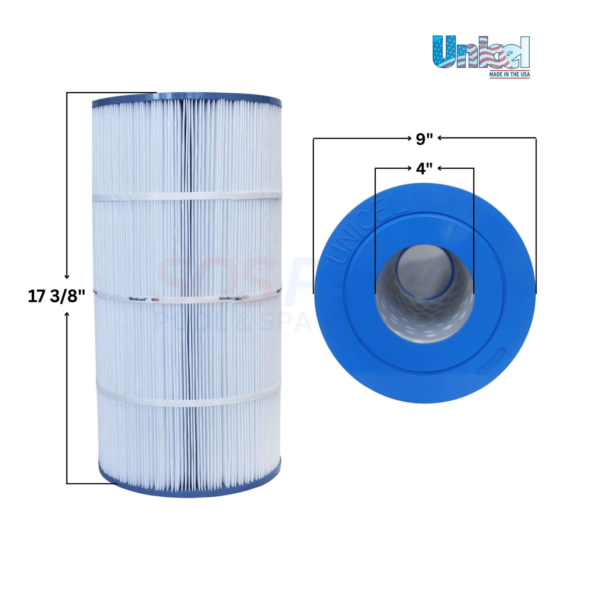 Unicel Hayward C900 90 Sq. Ft. Cartridge | CX900RE | C-8409 filter cartridge details, dimensions 17-3/8" x 9" x 4", used in pools.