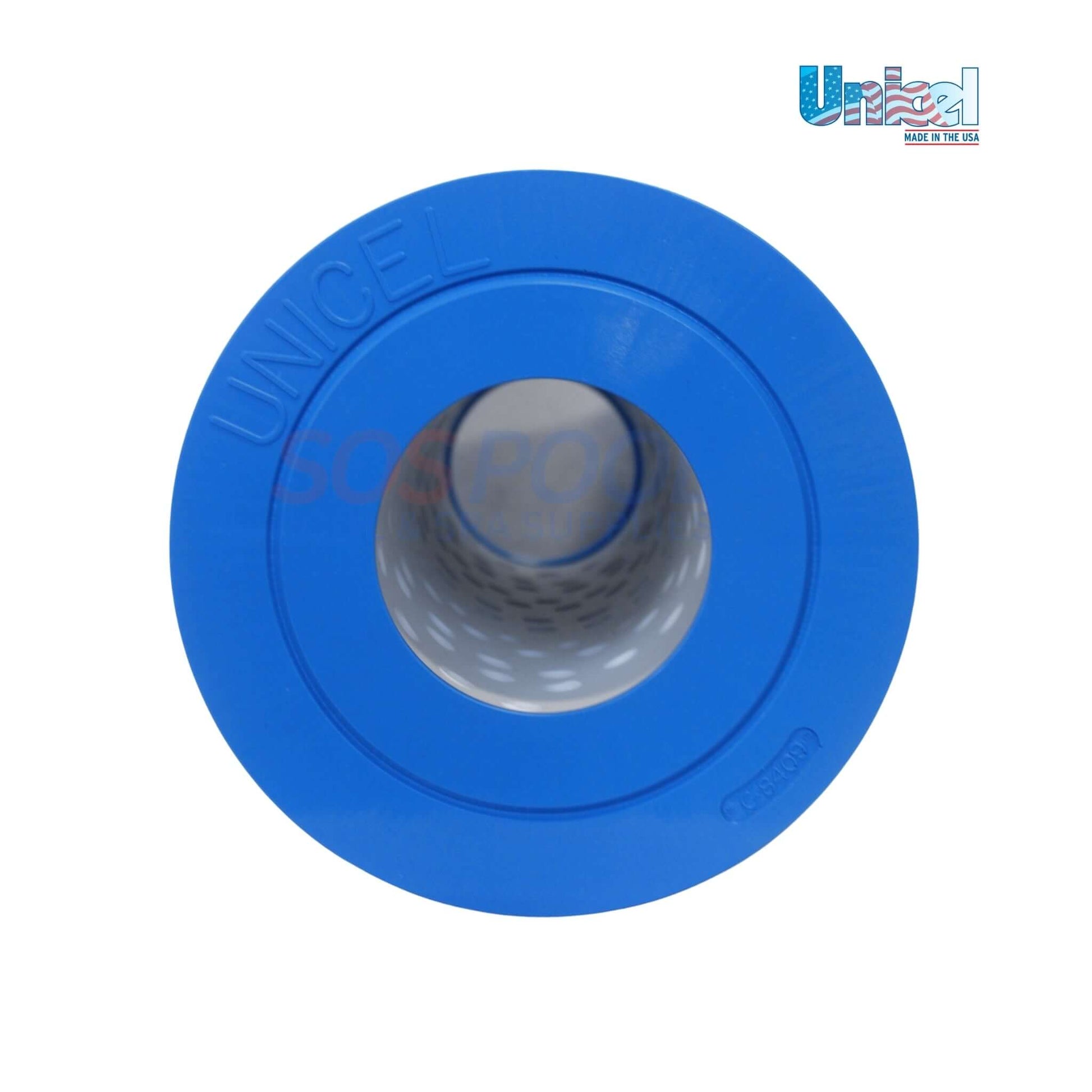 Unicel Hayward C900 90 Sq. Ft. Cartridge | CX900RE | C-8409 top view with blue end cap for pool filter replacement.