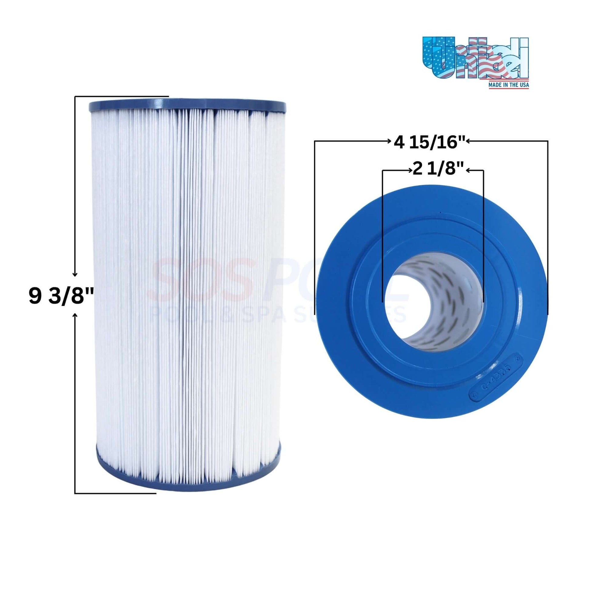 Unicel Pentair Rainbow Dynamic 35 | C-4335 replacement filter showing dimensions of 9-3/8" height, 4-15/16" outer diameter, ideal for SOS Pool parts.