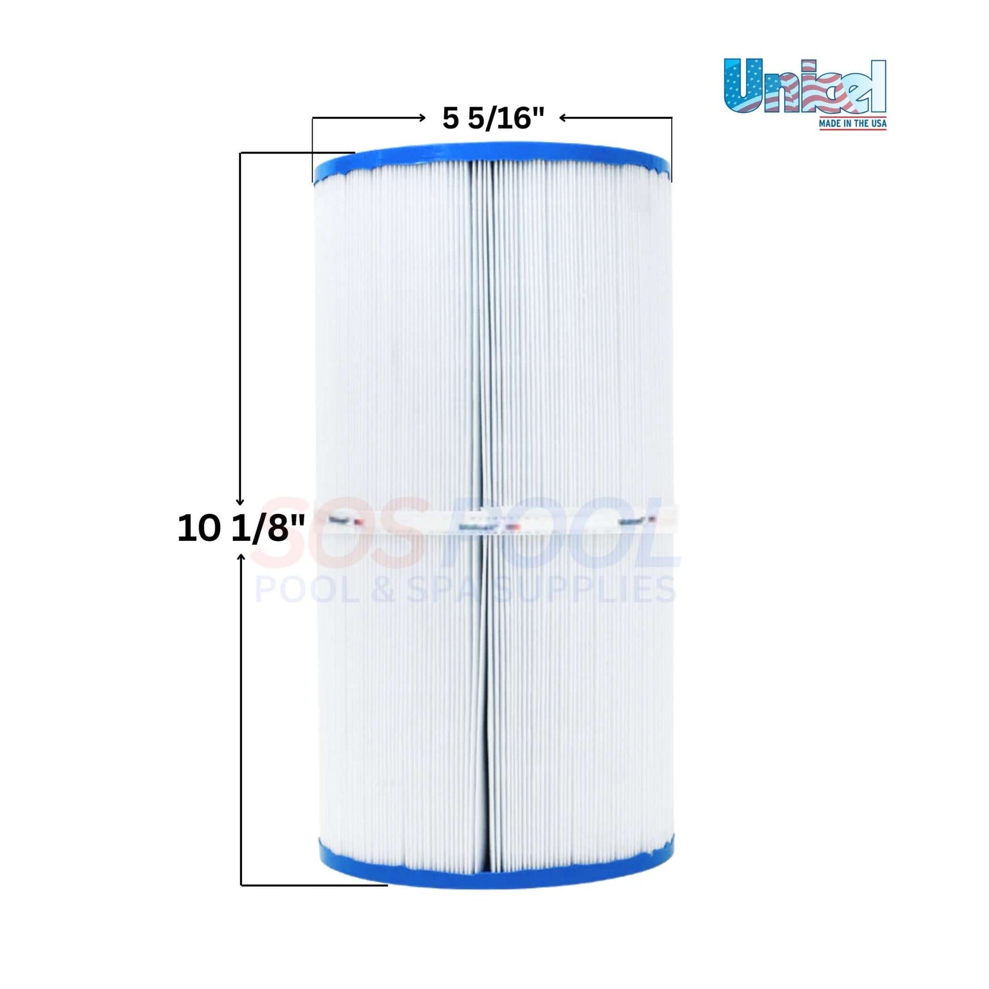 Unicel Rec Warehouse S2/G2 Spa Cartridge | 45 Sq. Ft | C-5345, white filter with blue top and bottom, dimensions 10 1/8" x 5 5/16", SOS Pool supplies.