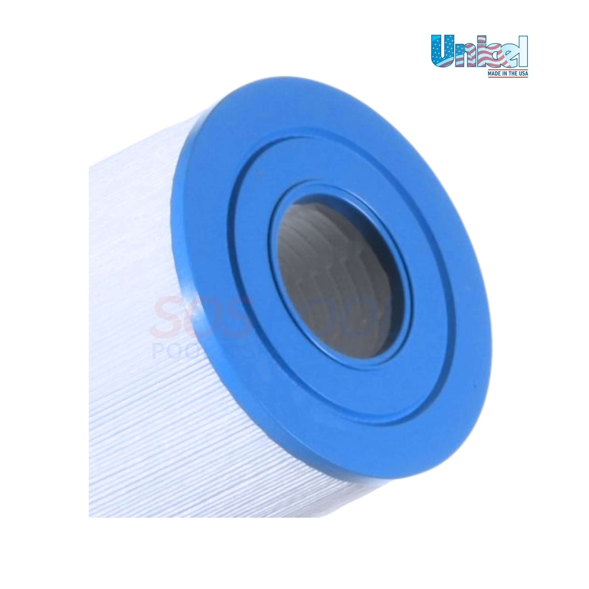 Close-up of Unicel Rec Warehouse S2/G2 Spa Cartridge | 45 Sq. Ft | C-5345 with blue top, ideal for spa filtration systems.