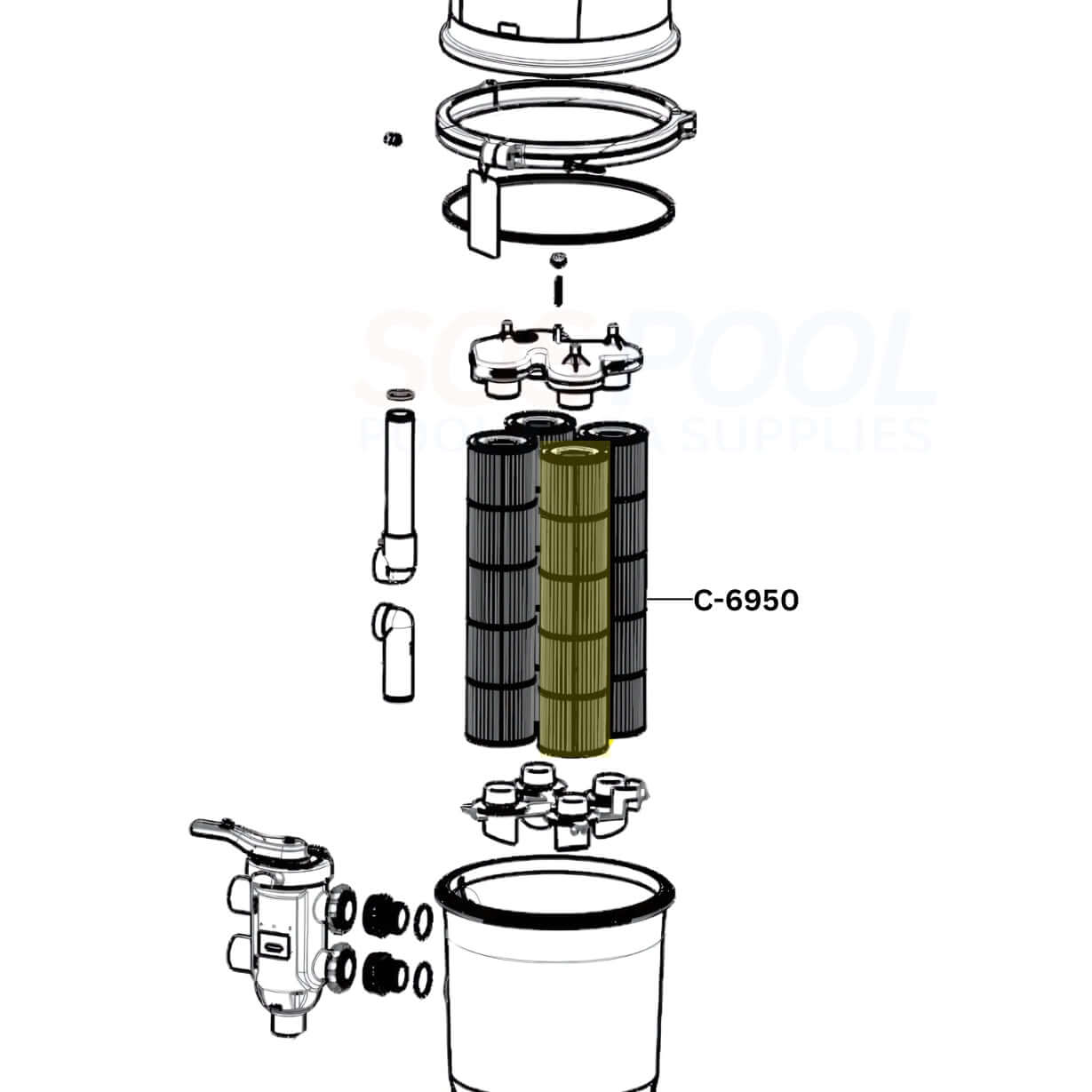 Exploded view diagram of Unicel Cartridge C-6950 for Hayward DEP60 Quad DE Filters by SOS Pool Supplies.