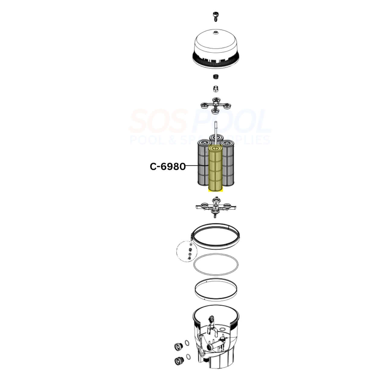 C-6980 Unicel Cartridge For Pentair Quad DE 80 Filters detailed diagram, SOS Pool. Essential for superior pool filtration.