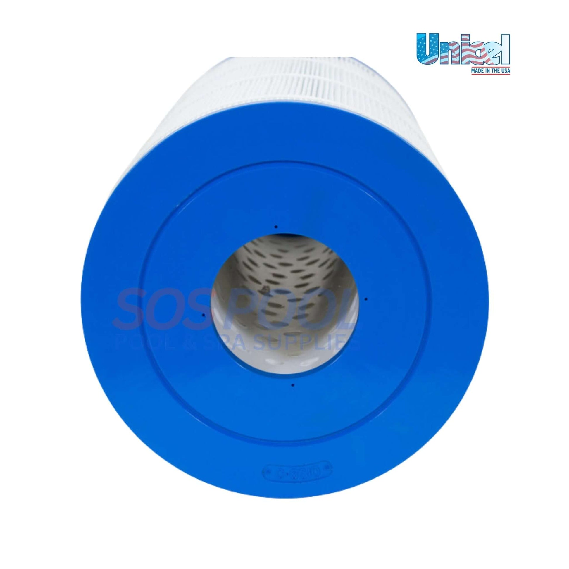 Unicel C-8310 Filter Cartridge for Jacuzzi Leisure, 100 sqft, front view with blue end cap, from SOS Pool supplies.