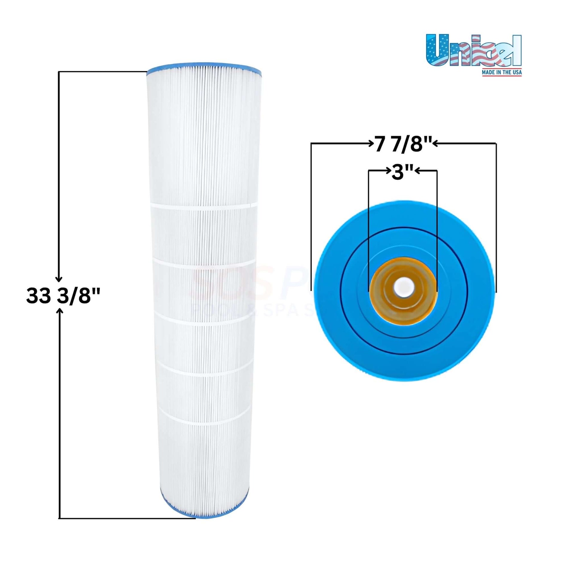 Unicel C-7679 replacement filter cartridge for Pac-Fab 150 GPM systems, dimensions 7-7/8" x 33-3/8", blue end cap, pleated design for superior pool filtration.