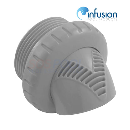 Infusion VRFTHLG 1.5" Light Gray Venturi Return Fitting, shown from side angle, enhances pool circulation. Ideal for SOS pool supplies.