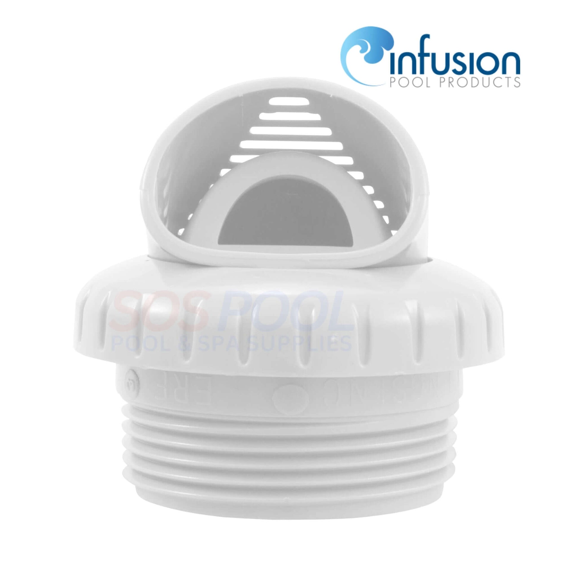 Infusion White Venturi Return Fitting (Model VRFTHWH) for pools, showcasing threaded design and venturi technology for enhanced circulation.