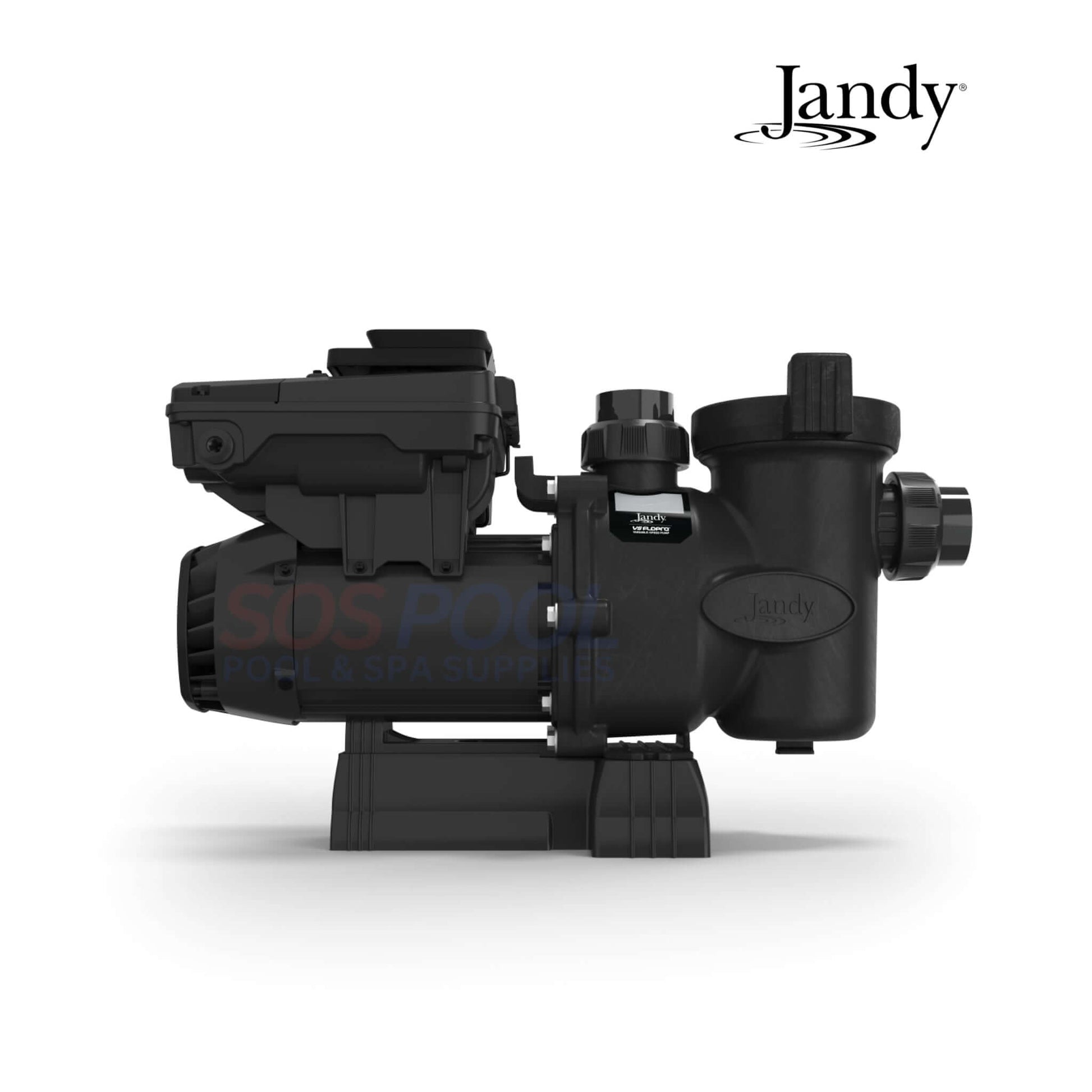 Jandy VS FloPro 1.85HP pump shown from the side, compact design, high-efficiency pool pump, SKU: VSFHP185DV2A. SOS Pool supplies.