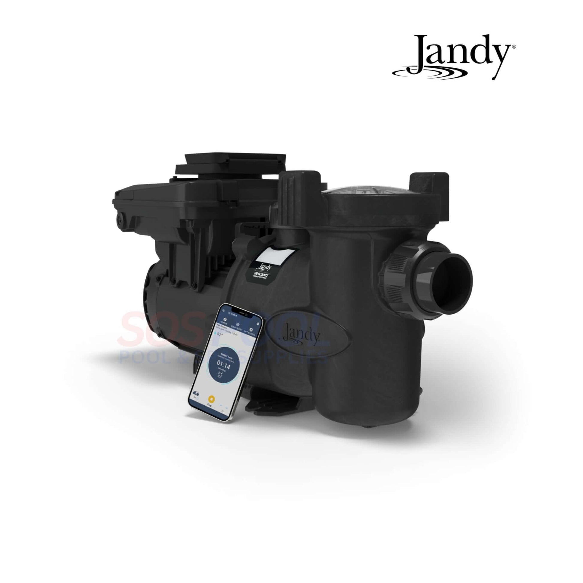 Jandy VS FloPro 1.85HP Pump (VSFHP185DV2A) shown with smartphone for smart control, designed for efficient pool performance, SOS Pool supplies.