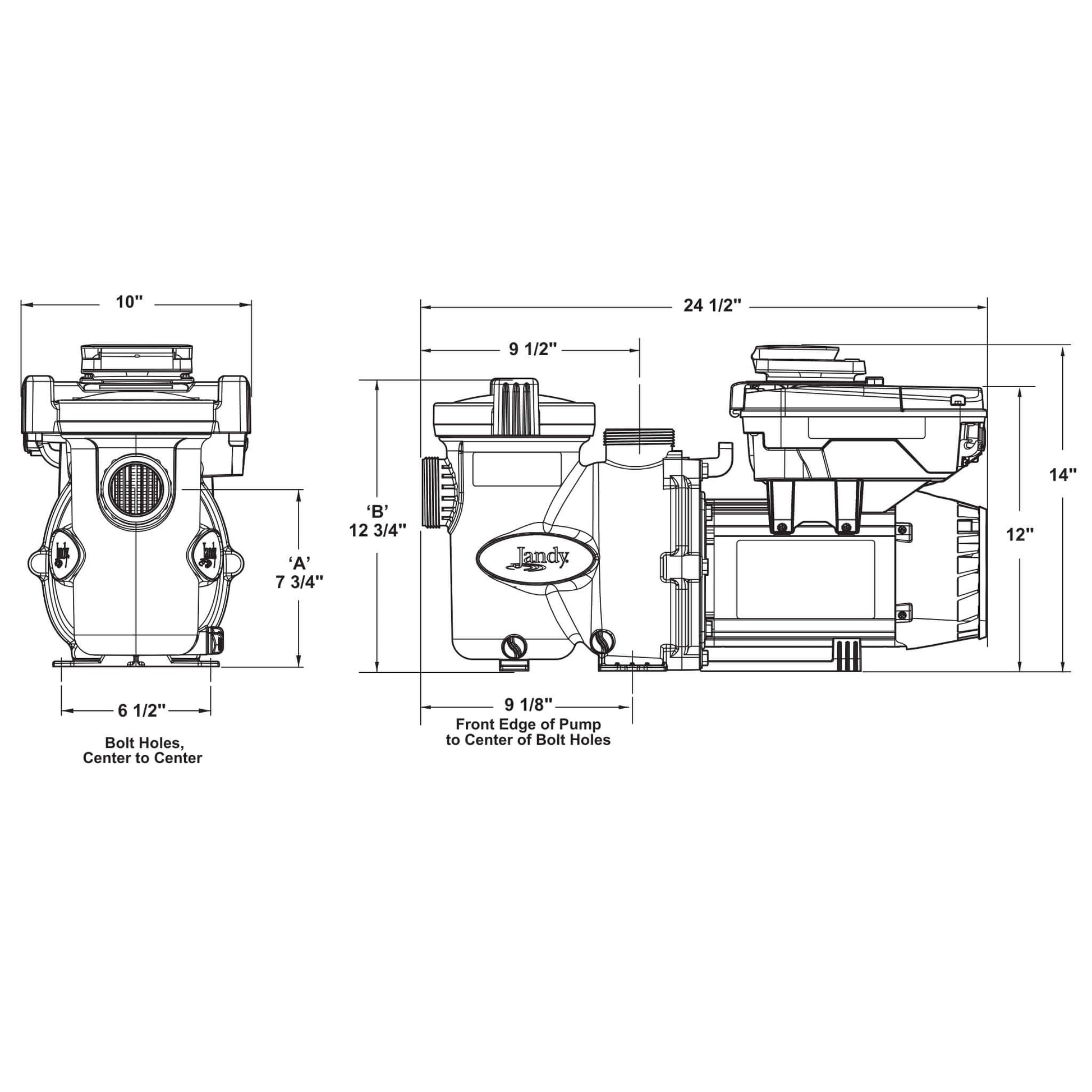 Technical diagram of Jandy VS FloPro 1.85HP pool pump with measurements, showing dimensions and bolt hole alignment for installation.