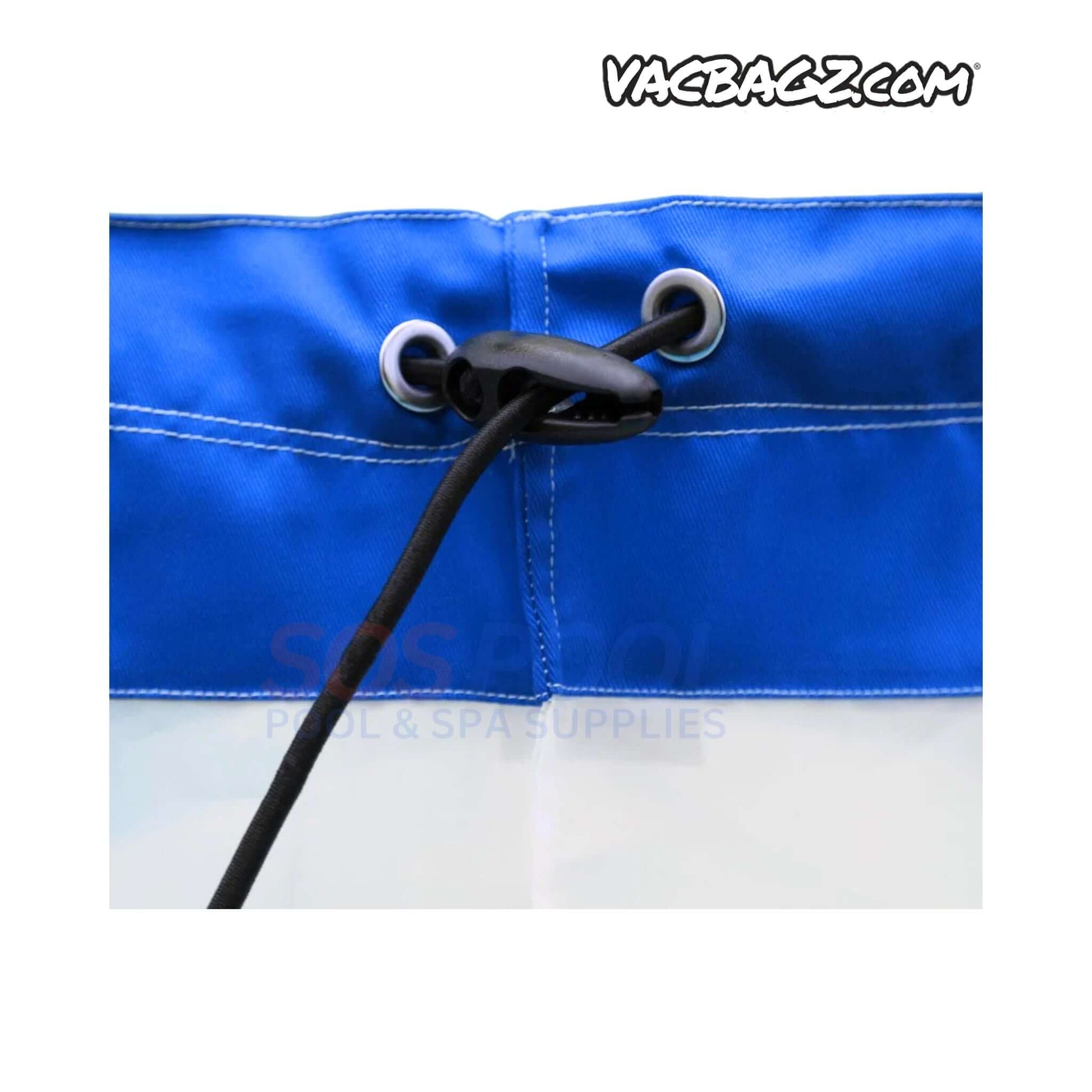 Close-up of VacBagz Power Vacuum 80 Micron Bag | 22" | Blue | 1301-22, showcasing durable stitching and secure drawstring closure for pool use.