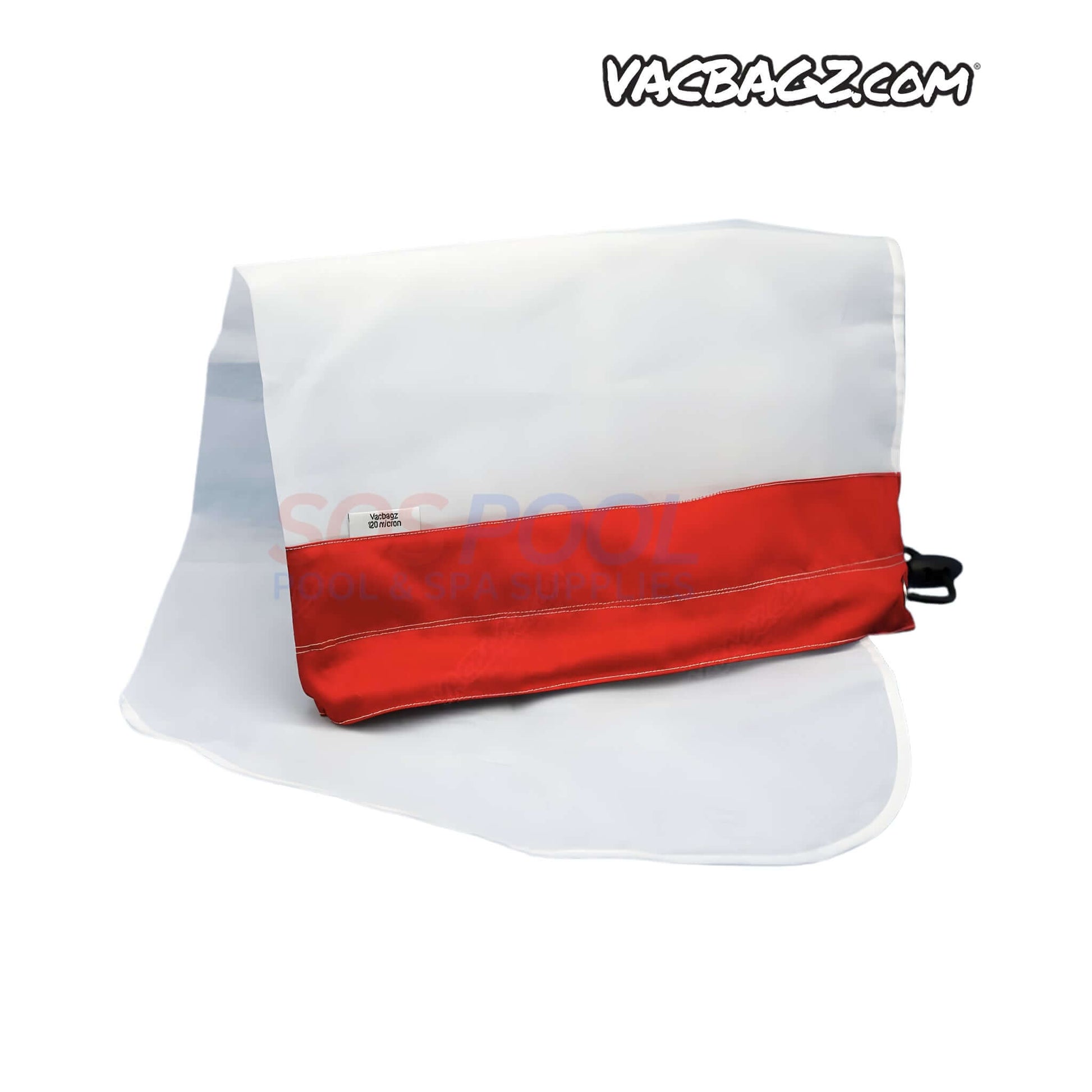 VacBagz Power Vacuum 120 Micron Bag | 22" | Red | 1302-22, showing the red and white fabric design for swimming pool vac systems.