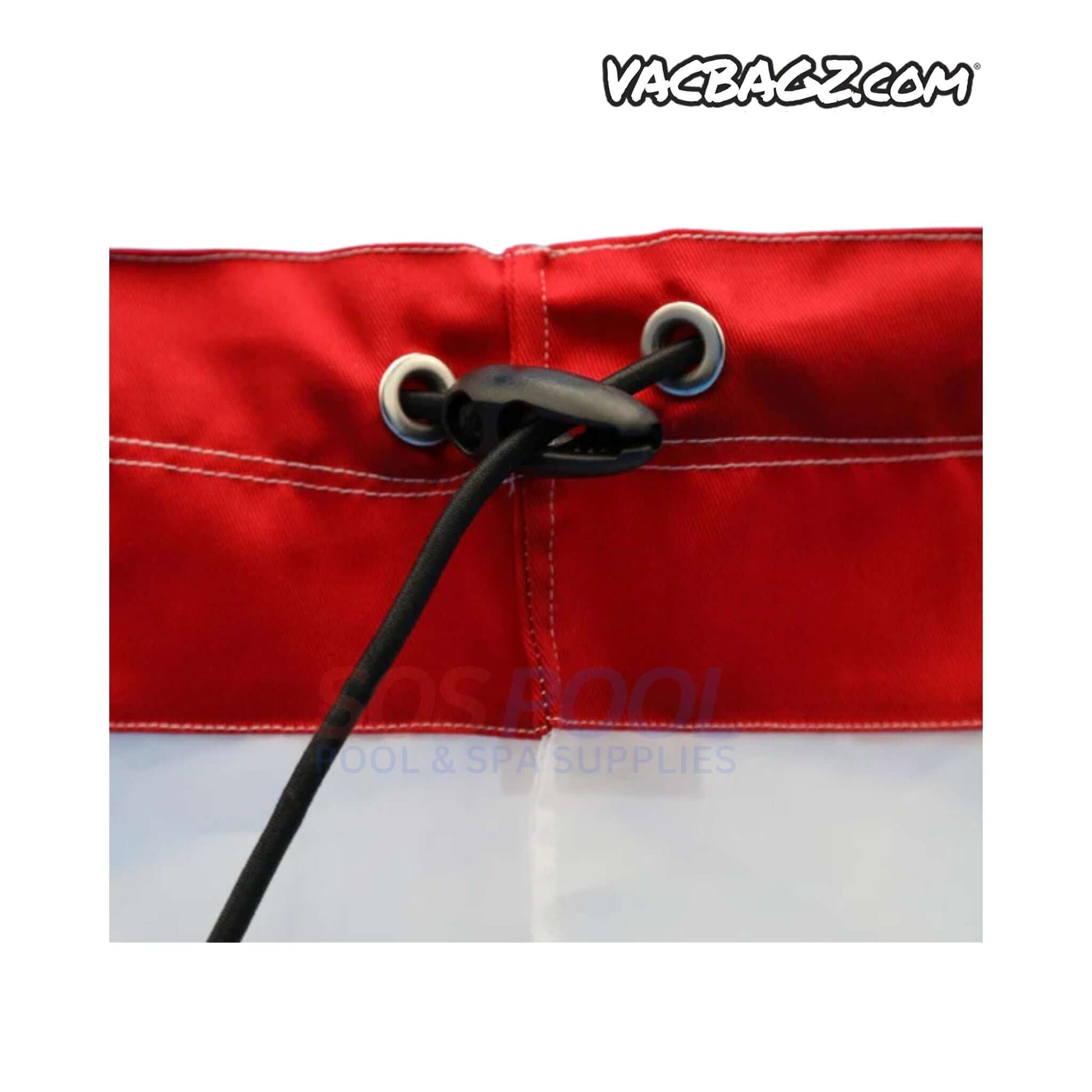 Close-up of VacBagz Power Vacuum 120 Micron Bag | 22" | Red | 1302-22 with secured drawstring and grommet for pool vacuum systems.