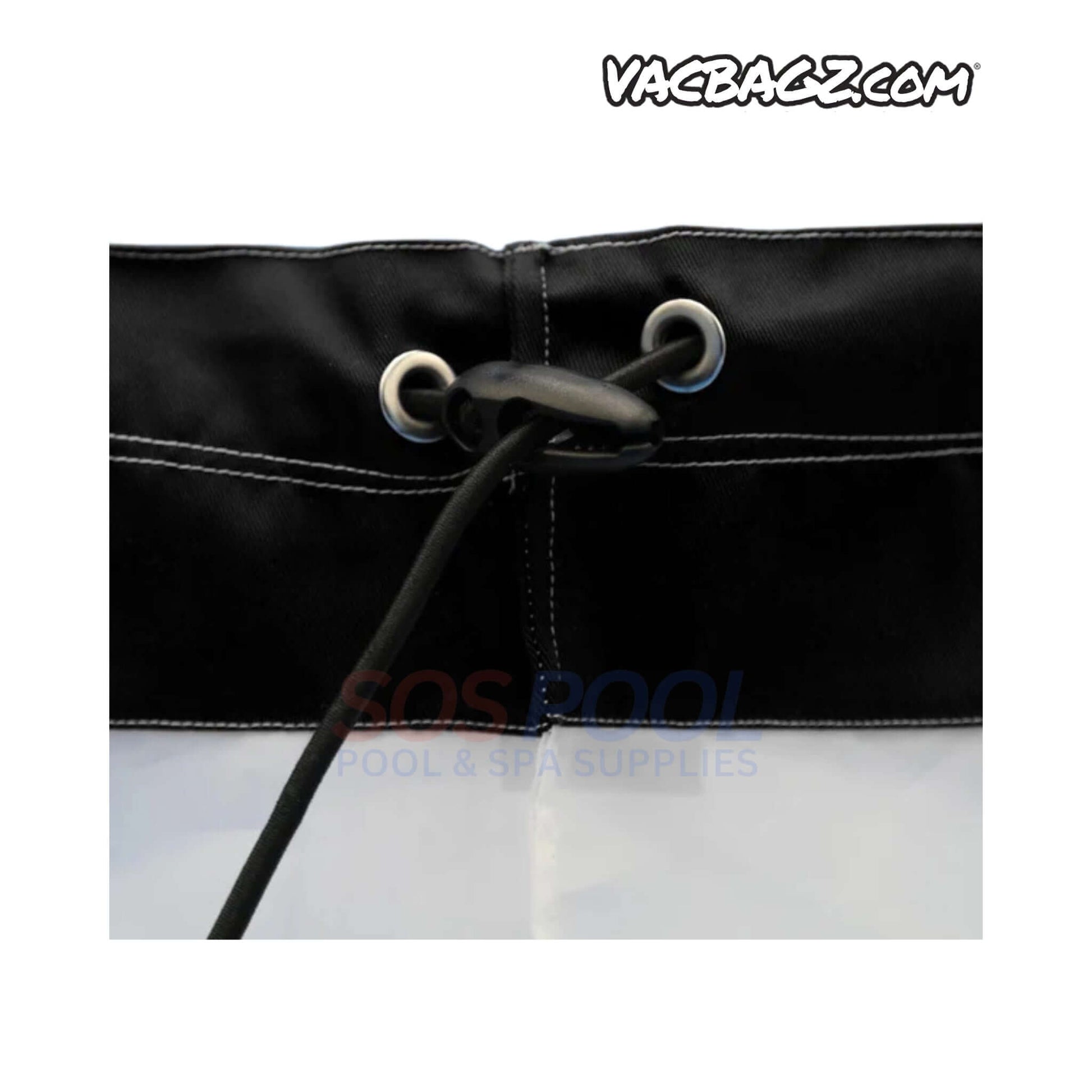 Close-up of VacBagz Power Vacuum 140 Micron Bag | 22" | Black | 1303-22 showing secure grommet and cord, ideal for pool vacuums. SOS Pool.