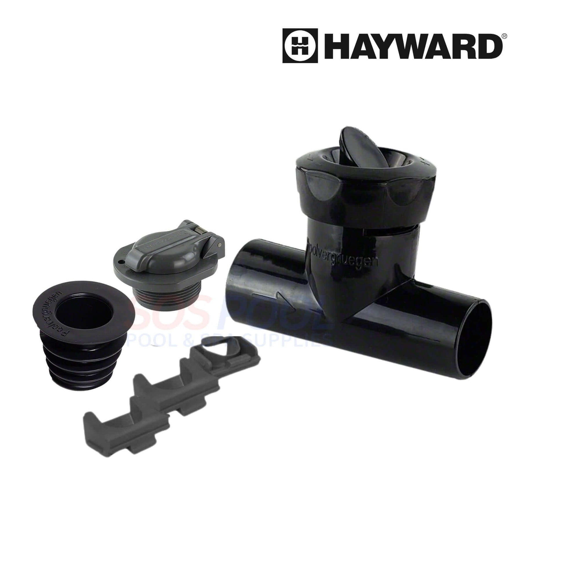 Hayward PVC pool plumbing parts for pool maintenance, including a valve, adapters, and fittings, by SOS Pool Supplies.