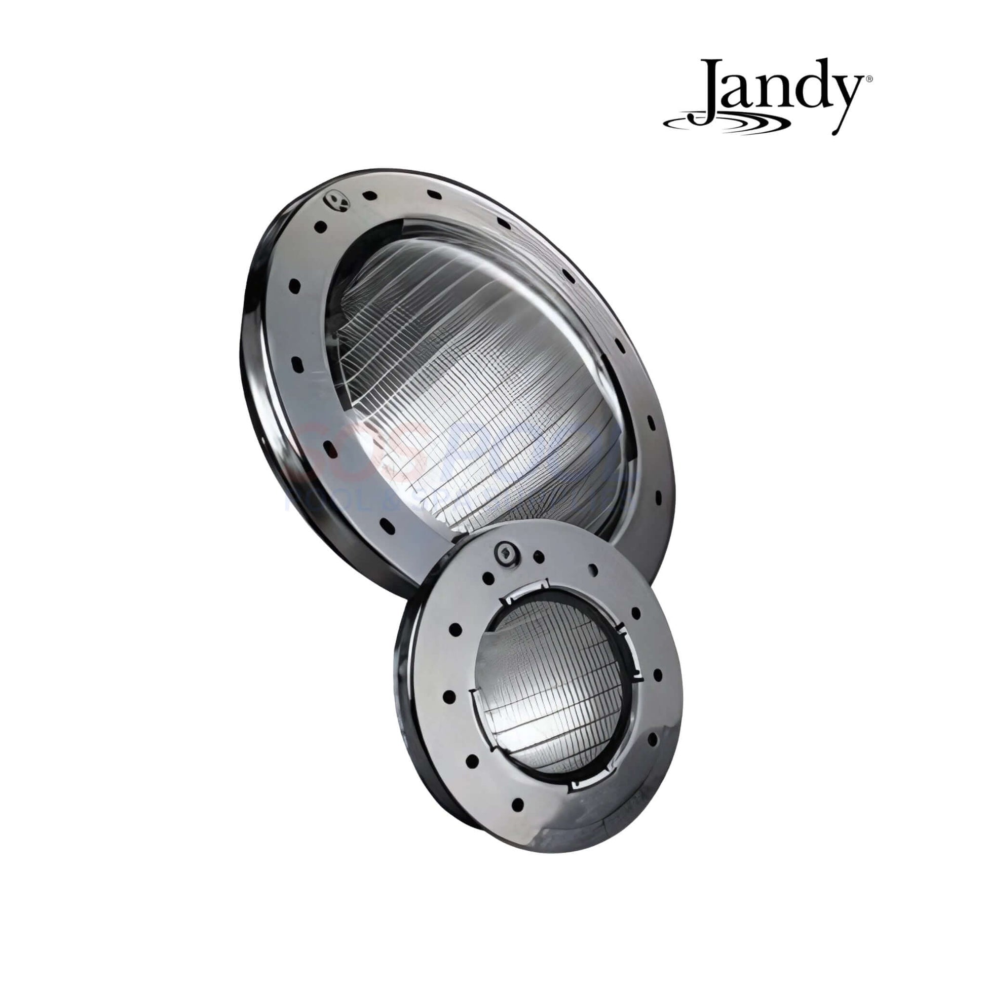 Jandy Daylight White LED Pool Light WPHV5LS100 in stainless steel, showing front and back, perfect for swimming pools.