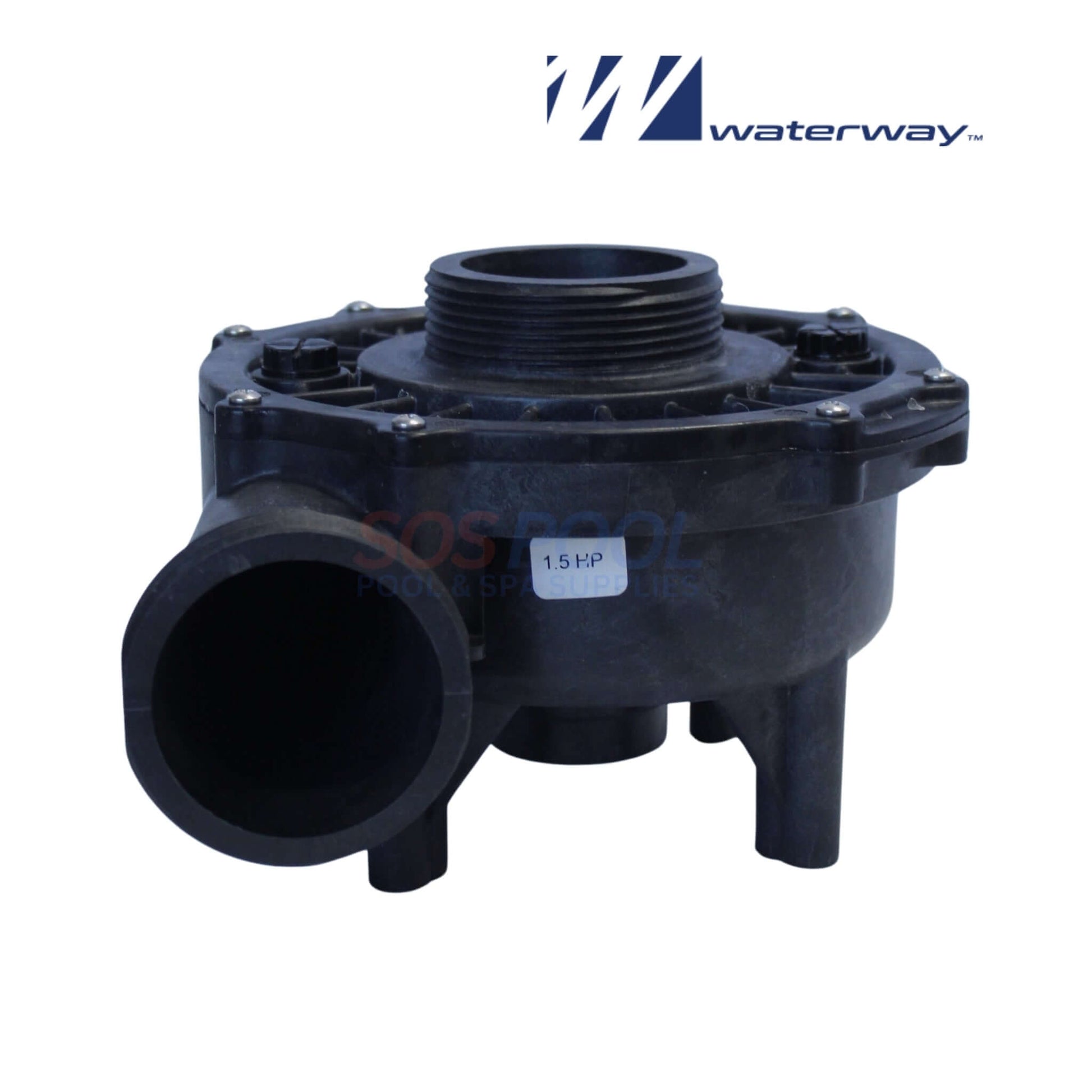 Waterway 1.5HP 2" Executive Pump Wet End | 310-1880 side view, black color, used for pool supply replacement, SOS Pool products.