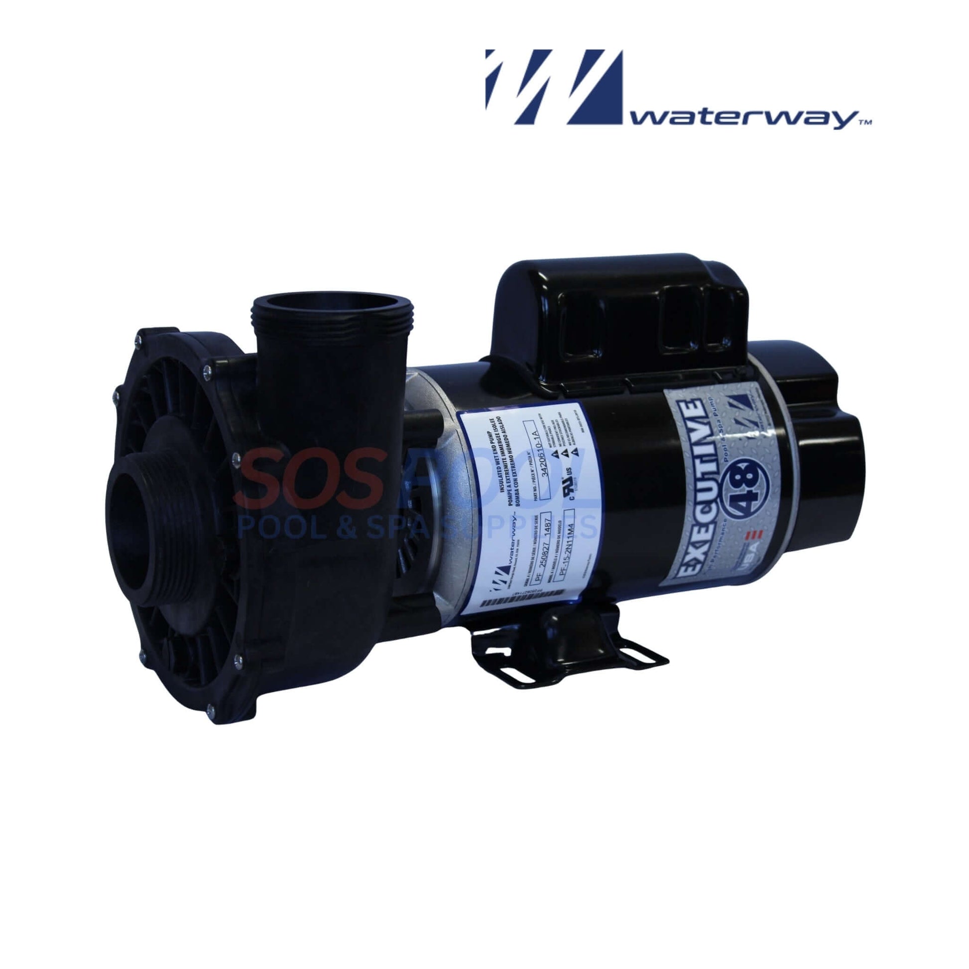 Waterway 1.5HP Executive Spa Pump 115V | 3420610-1A viewed from the side, featuring black and silver design, ideal for spas.