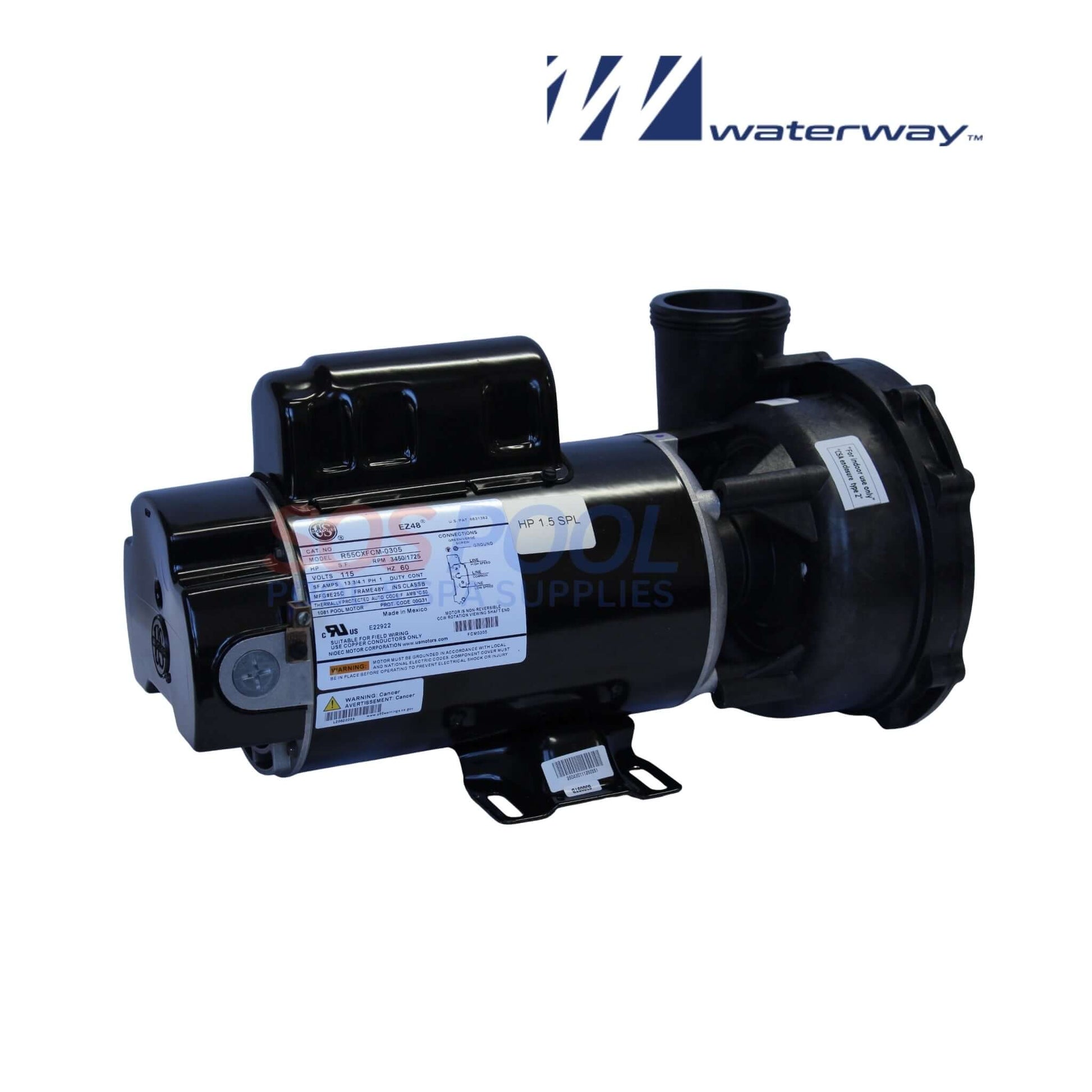 Waterway 1.5HP Executive Spa Pump 115V | 3420610-1A shown at angle, black casing, ideal for efficient spa water circulation from SOS pool supplies.